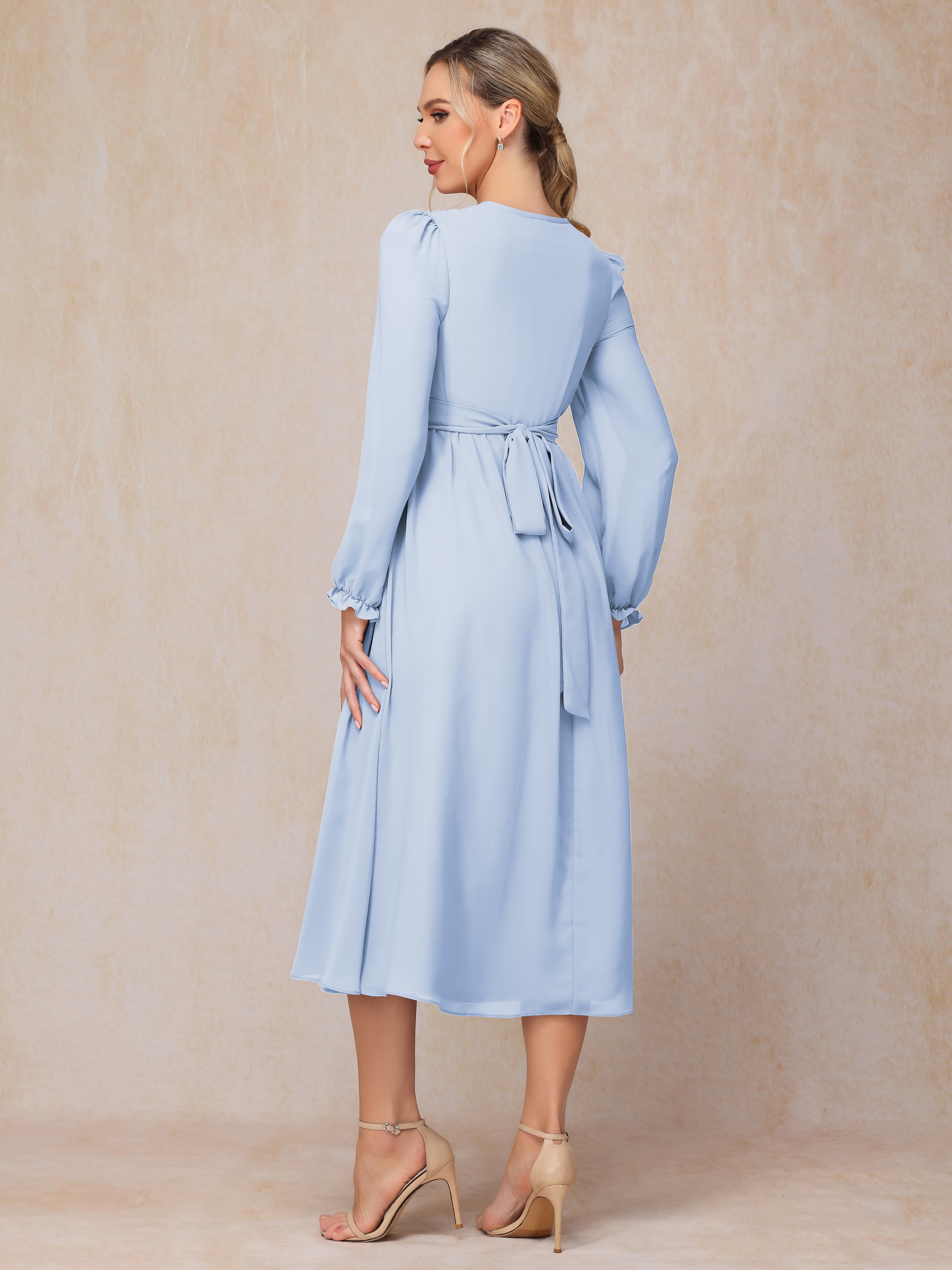 V Neck Long Sleeves Tea Length Chiffon Mother Of The Groom Dress