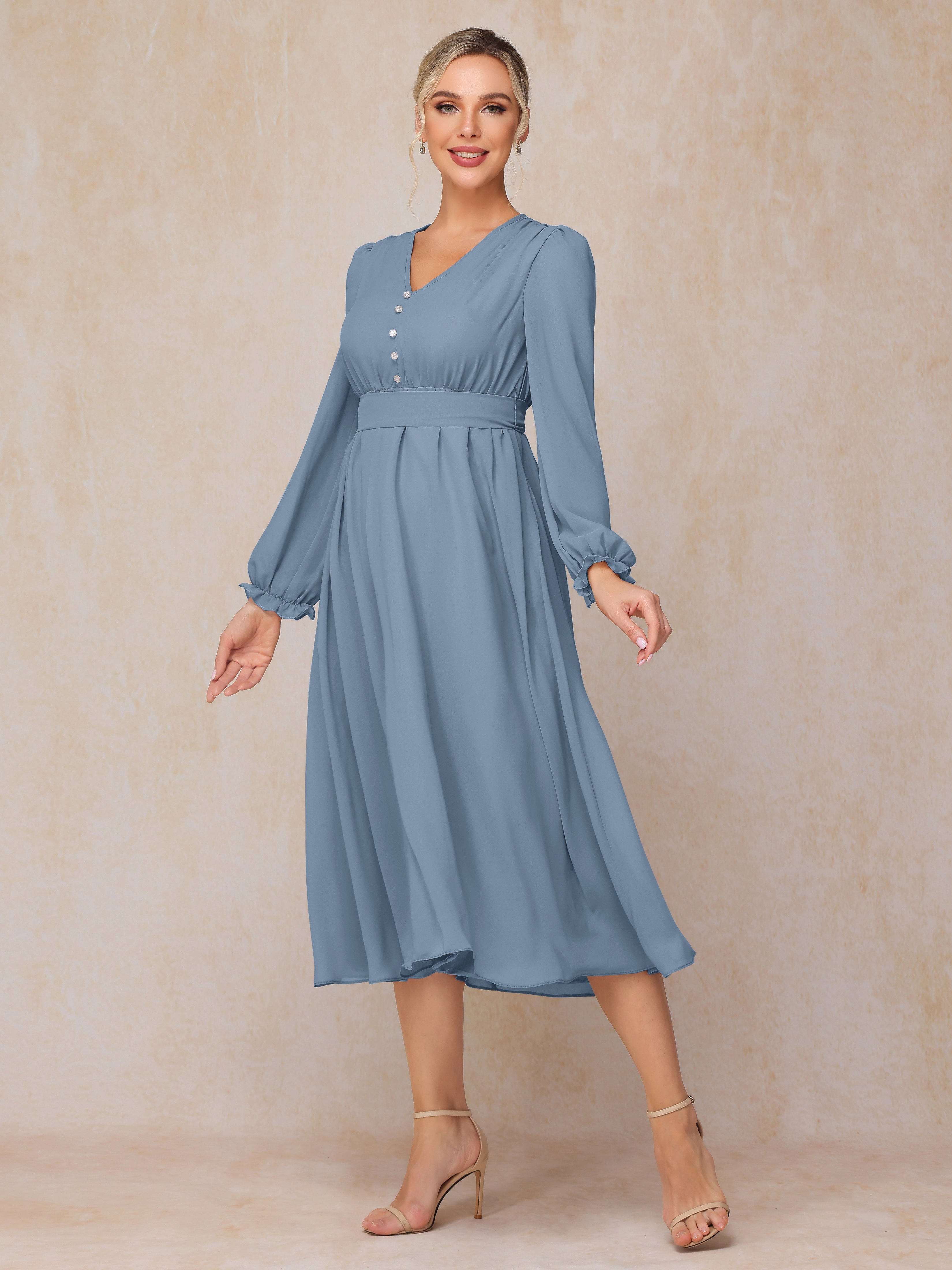 V Neck Long Sleeves Tea Length Chiffon Mother Of The Groom Dress