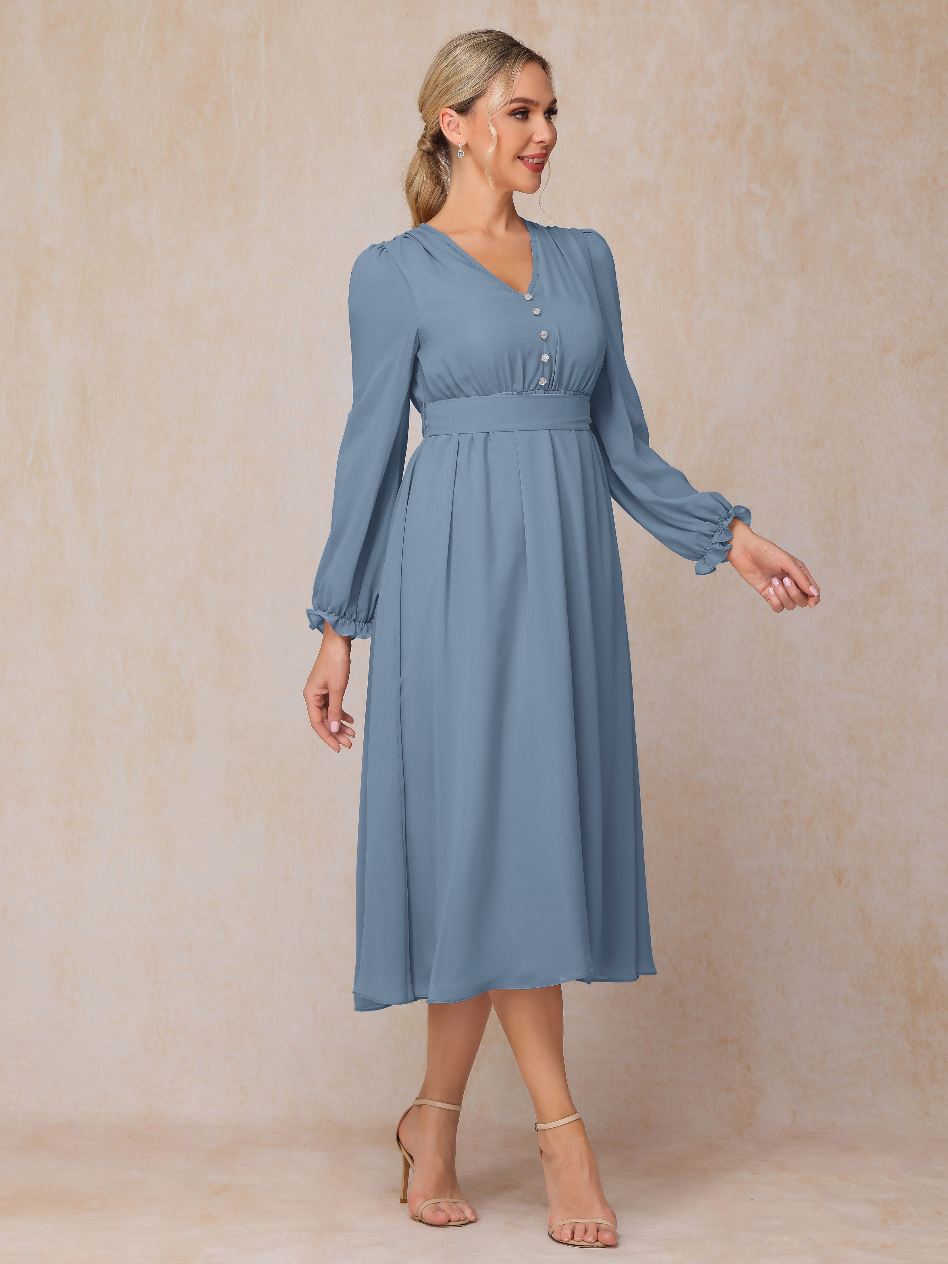 V Neck Long Sleeves Tea Length Chiffon Mother Of The Groom Dress