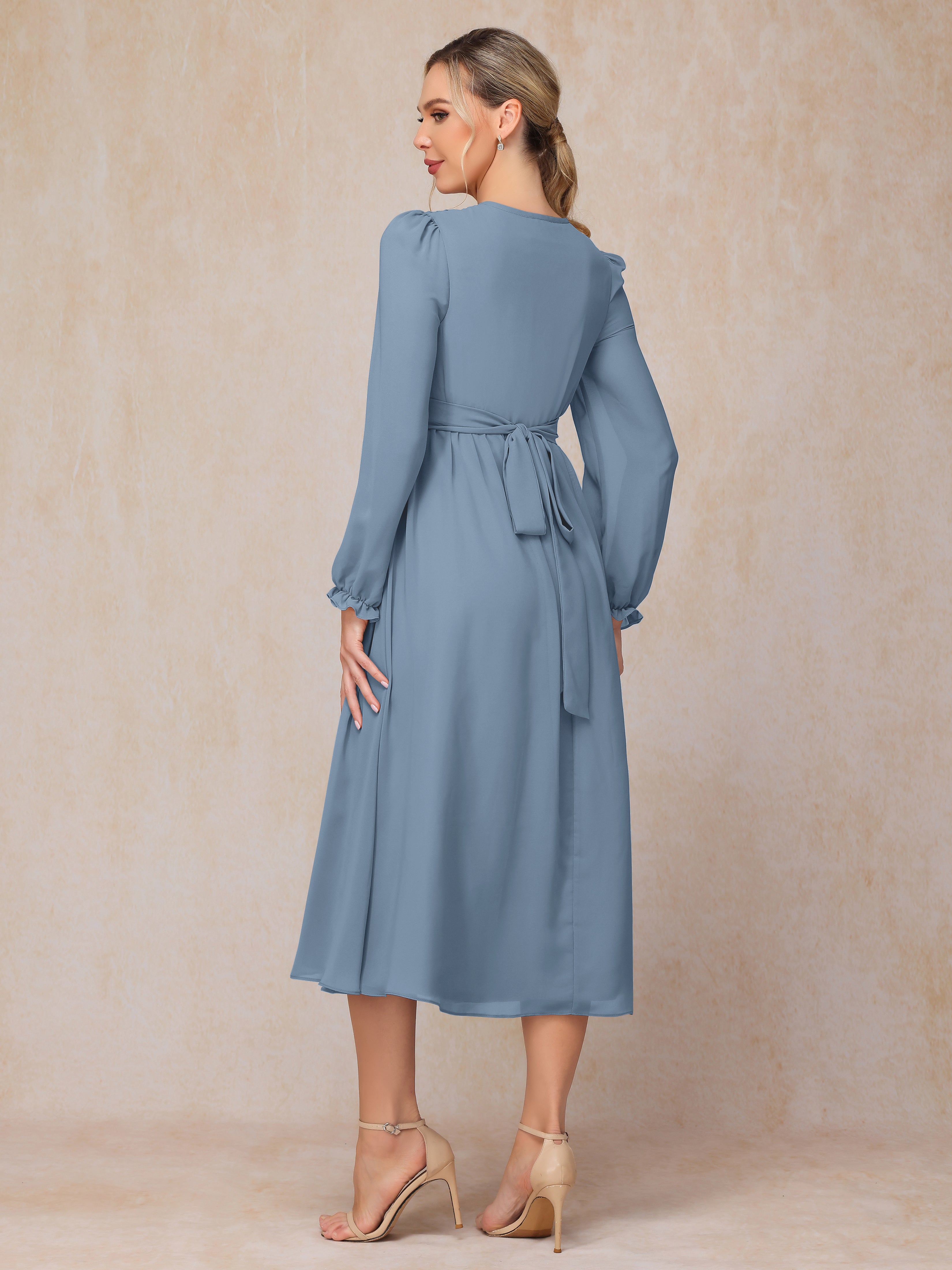 V Neck Long Sleeves Tea Length Chiffon Mother Of The Groom Dress
