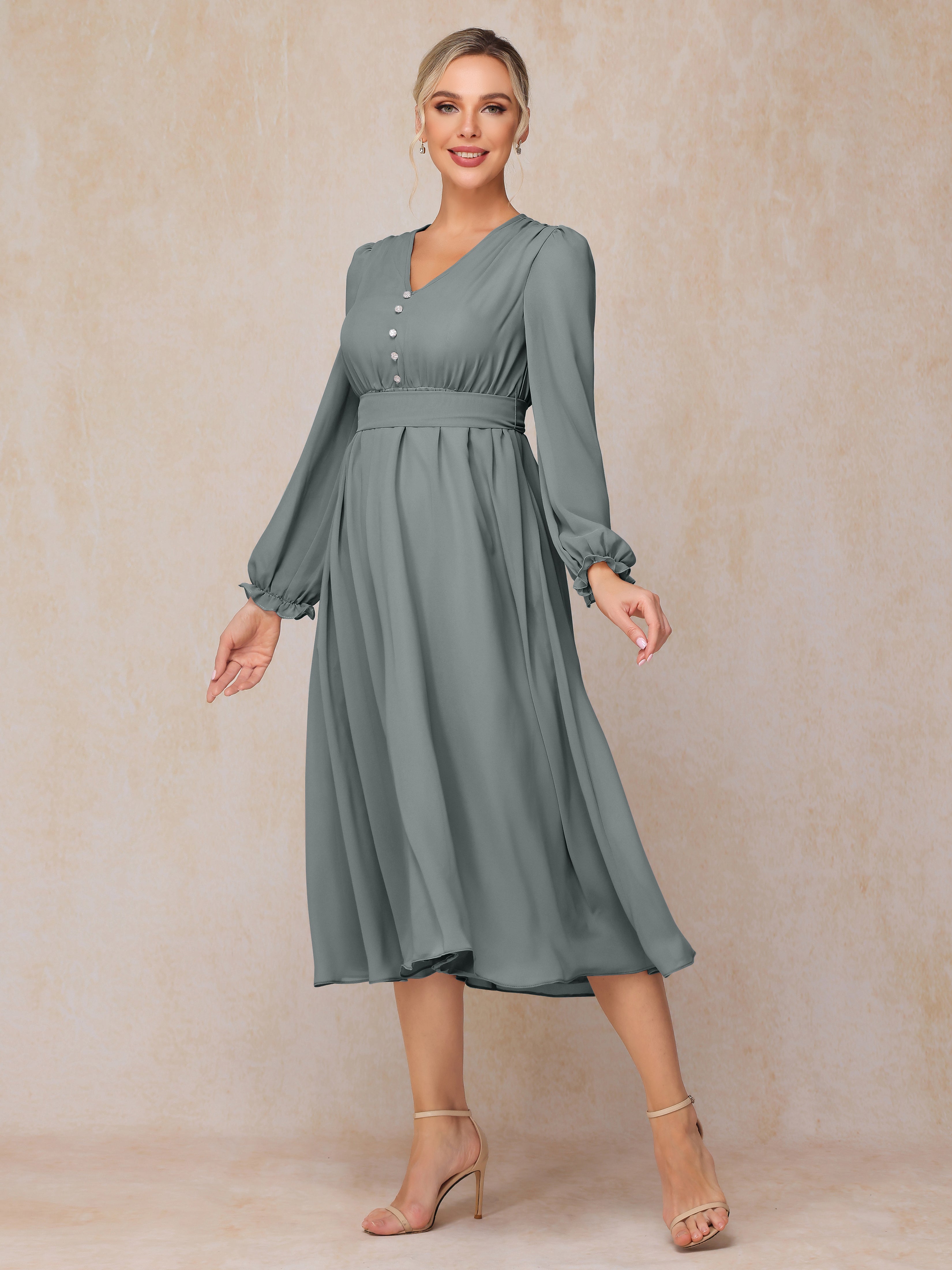 V Neck Long Sleeves Tea Length Chiffon Mother Of The Groom Dress