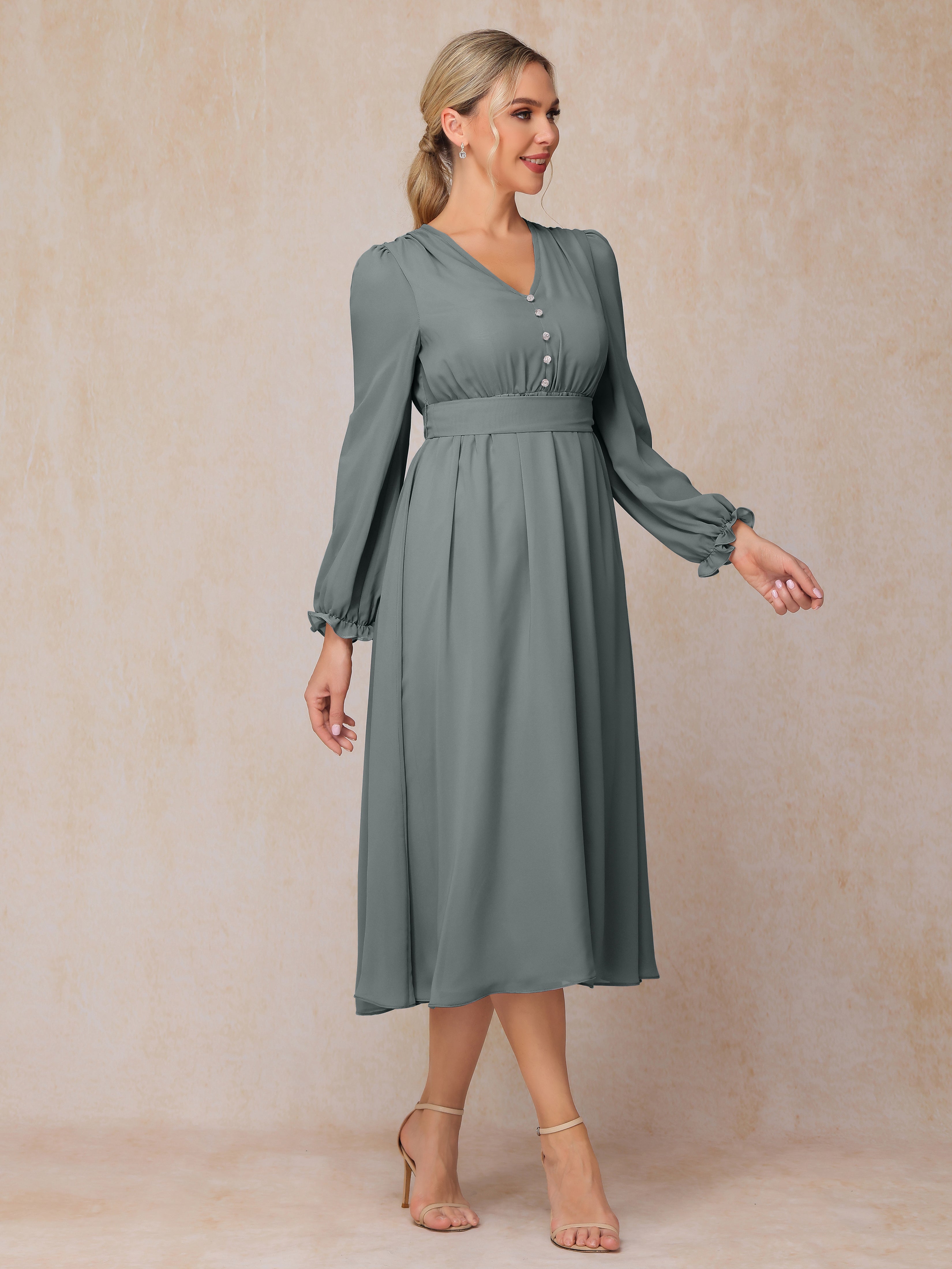 V Neck Long Sleeves Tea Length Chiffon Mother Of The Groom Dress