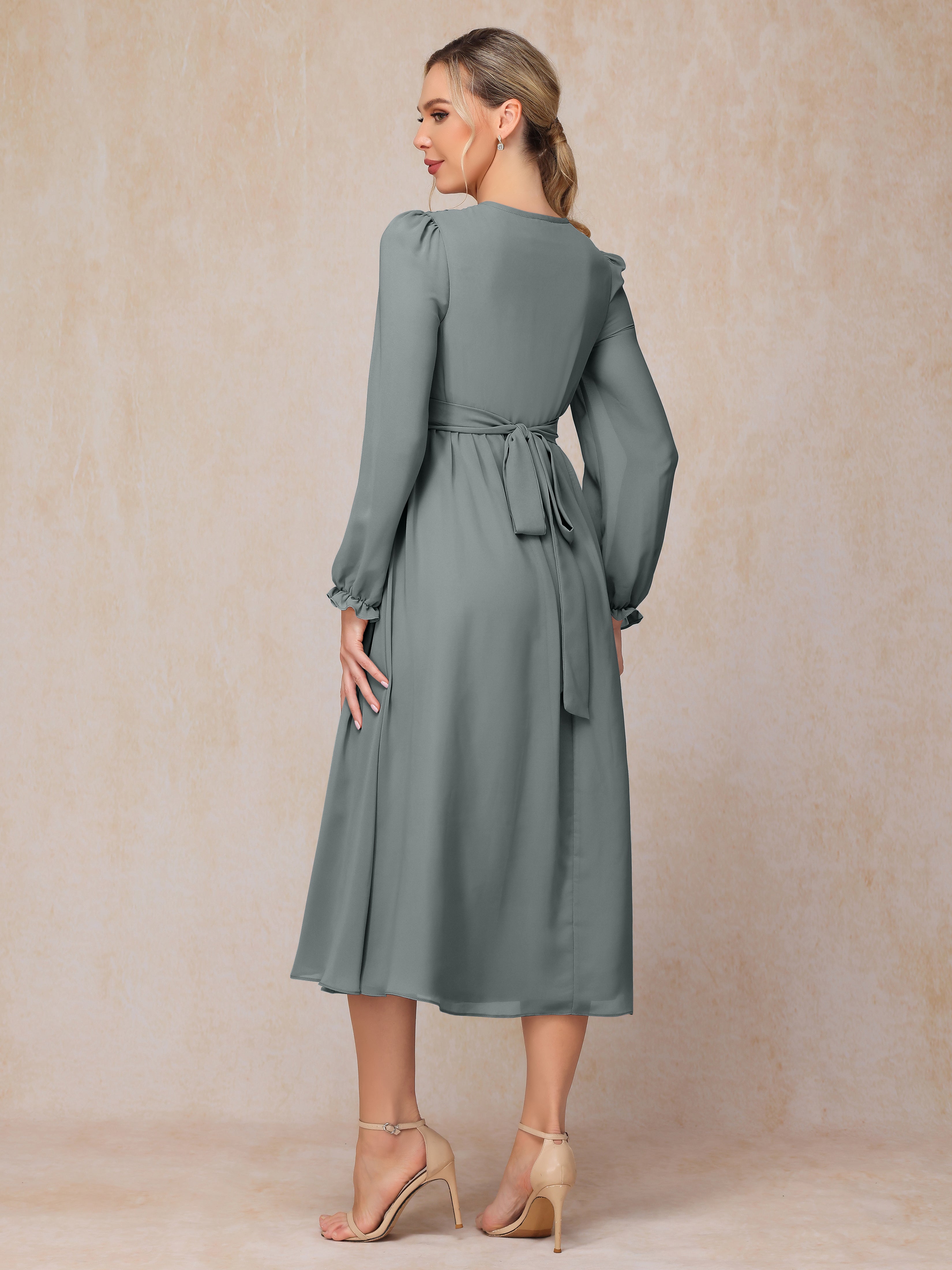 Long Sleeves V-neck Tea Length Chiffon Wedding Guest Dresses