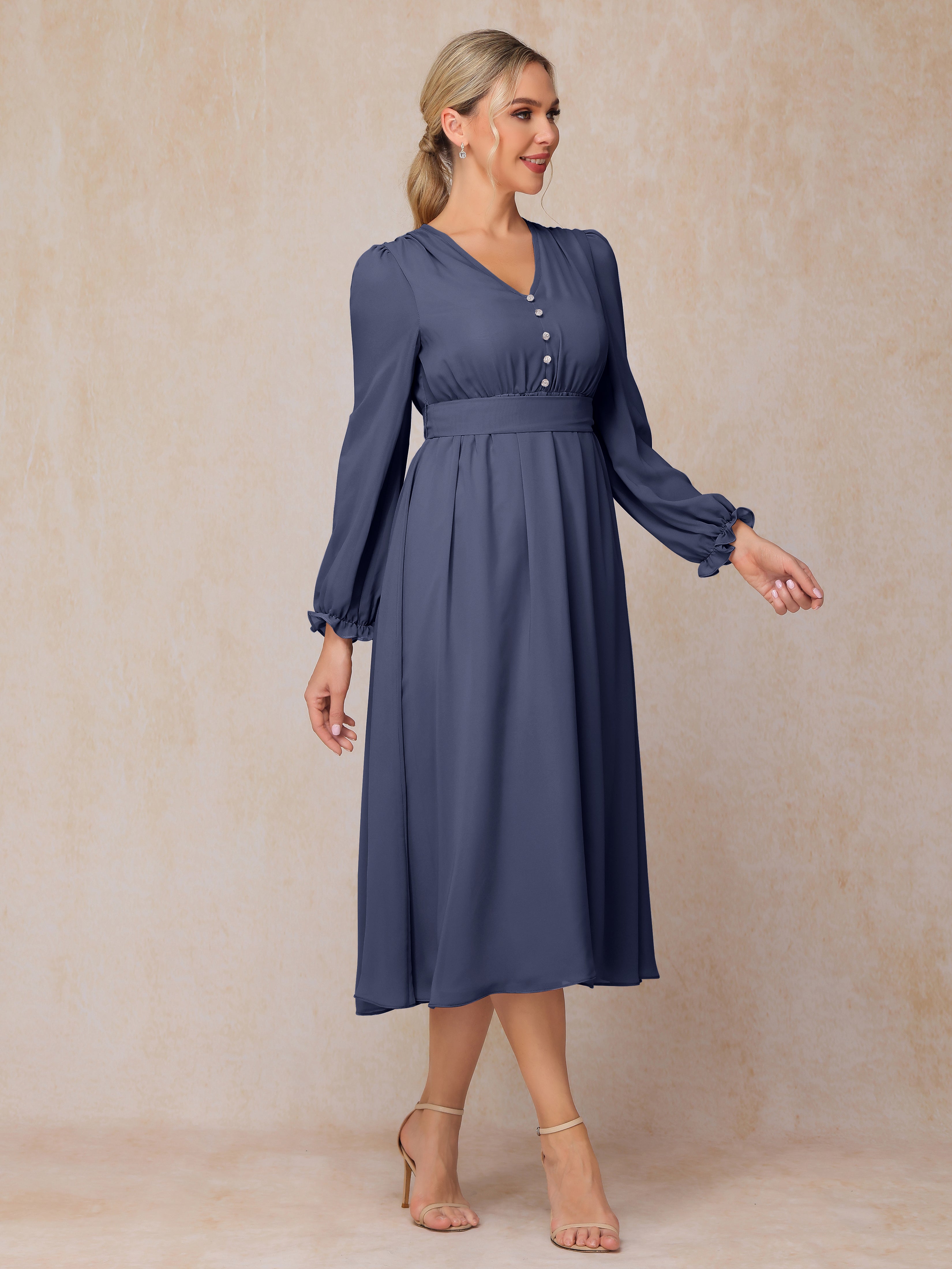 V Neck Long Sleeves Tea Length Chiffon Mother Of The Groom Dress