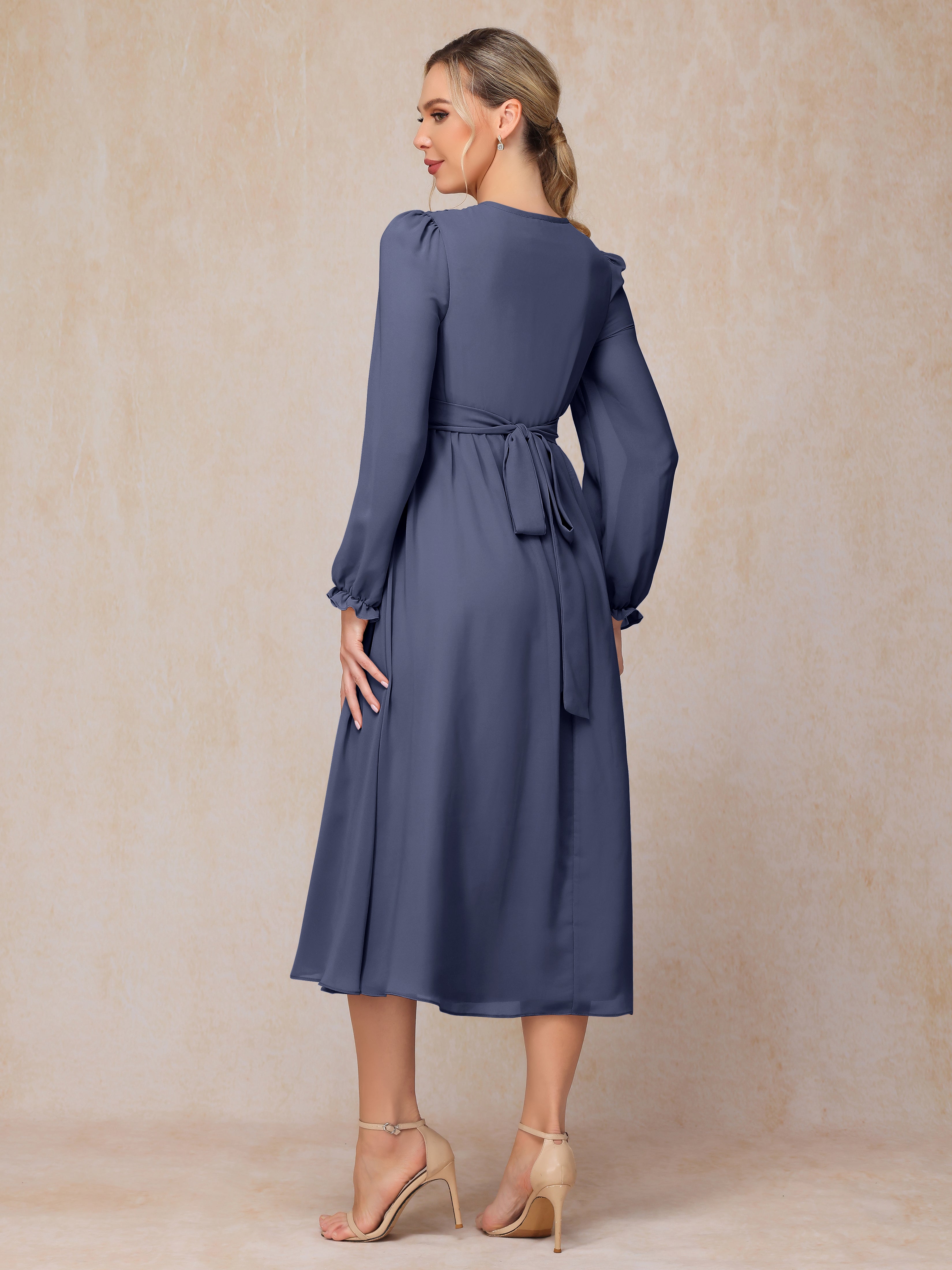 V Neck Long Sleeves Tea Length Chiffon Mother Of The Groom Dress