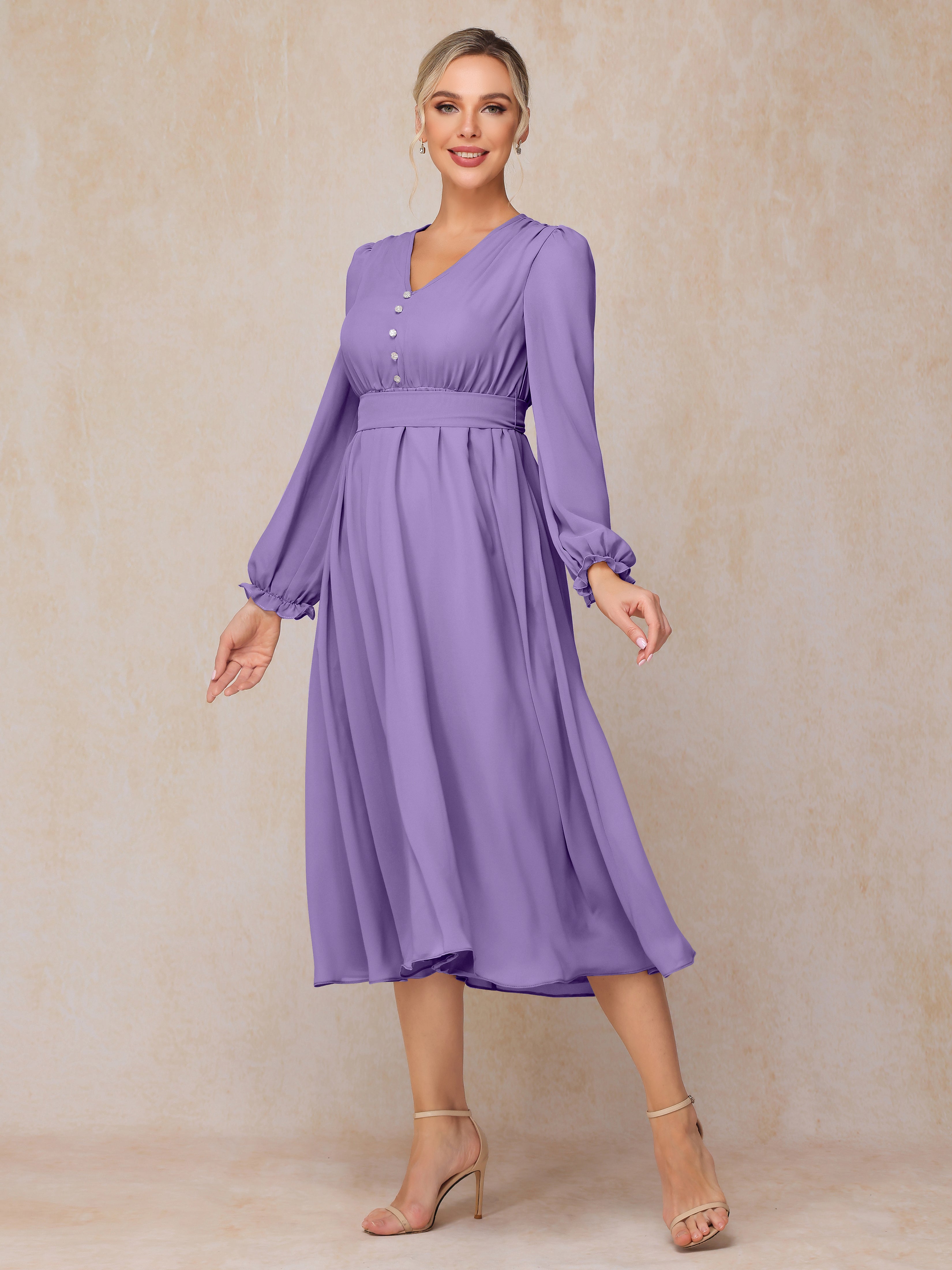 V Neck Long Sleeves Tea Length Chiffon Mother Of The Groom Dress