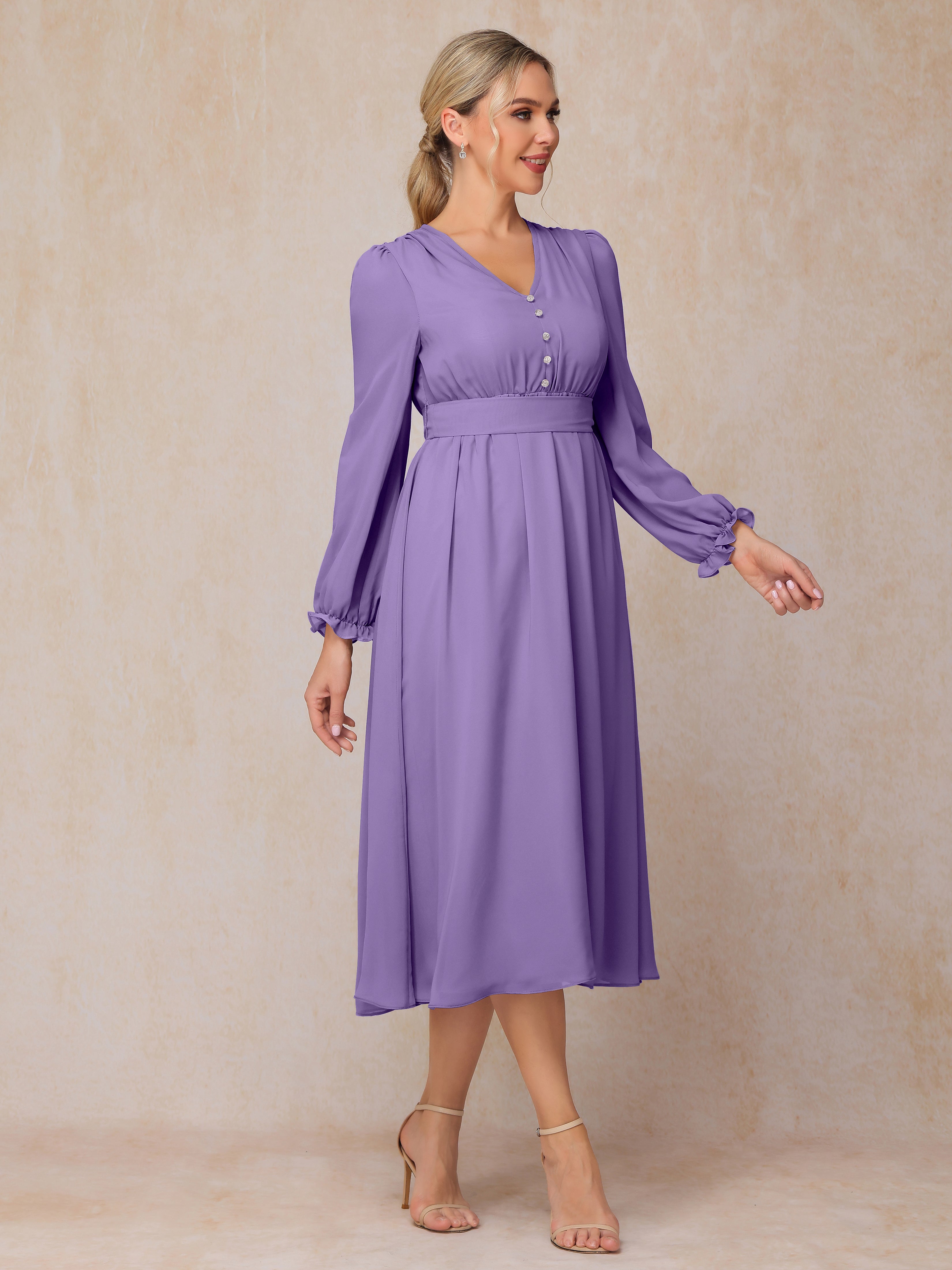 V Neck Long Sleeves Tea Length Chiffon Mother Of The Groom Dress