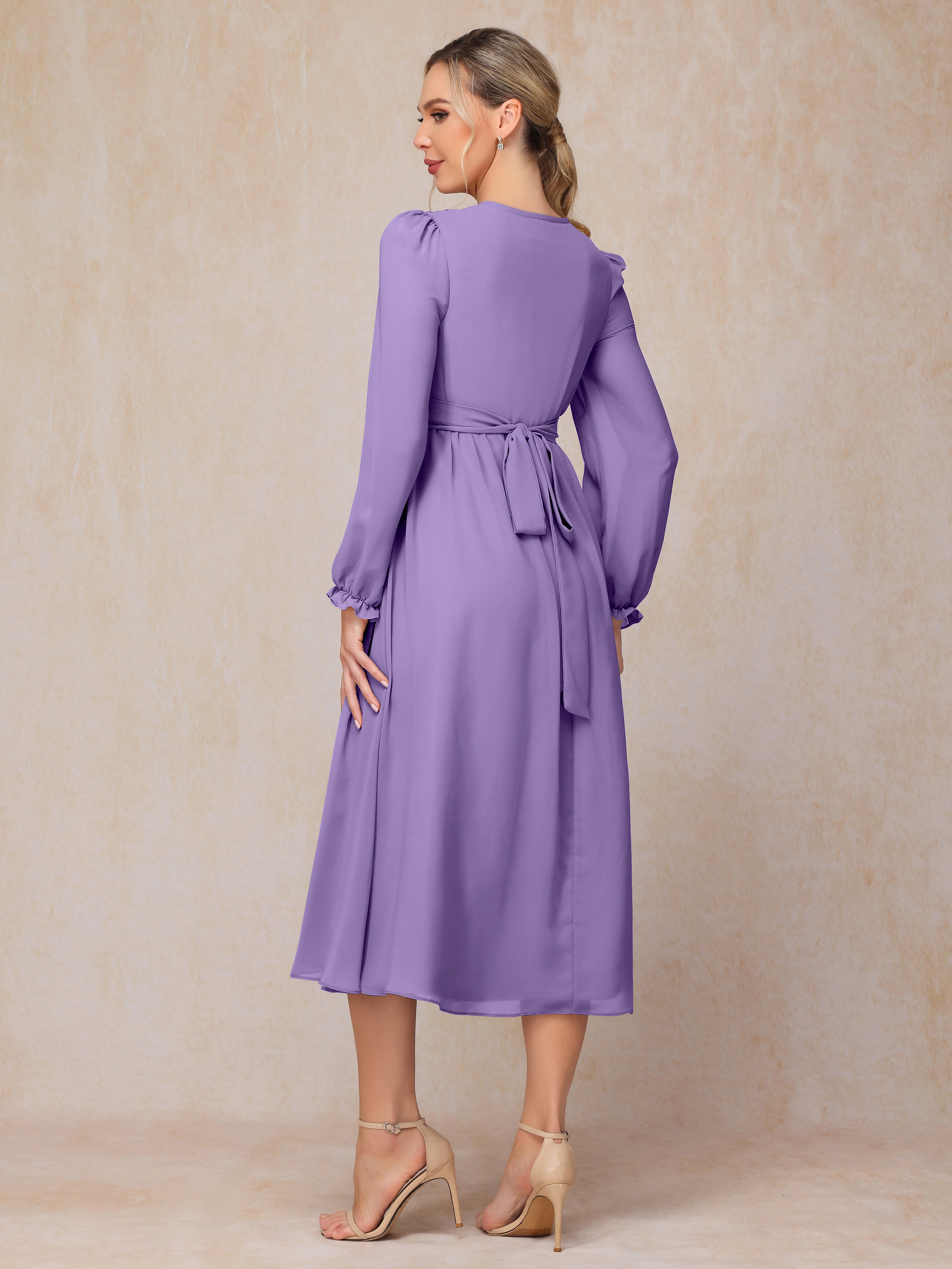 V Neck Long Sleeves Tea Length Chiffon Mother Of The Groom Dress