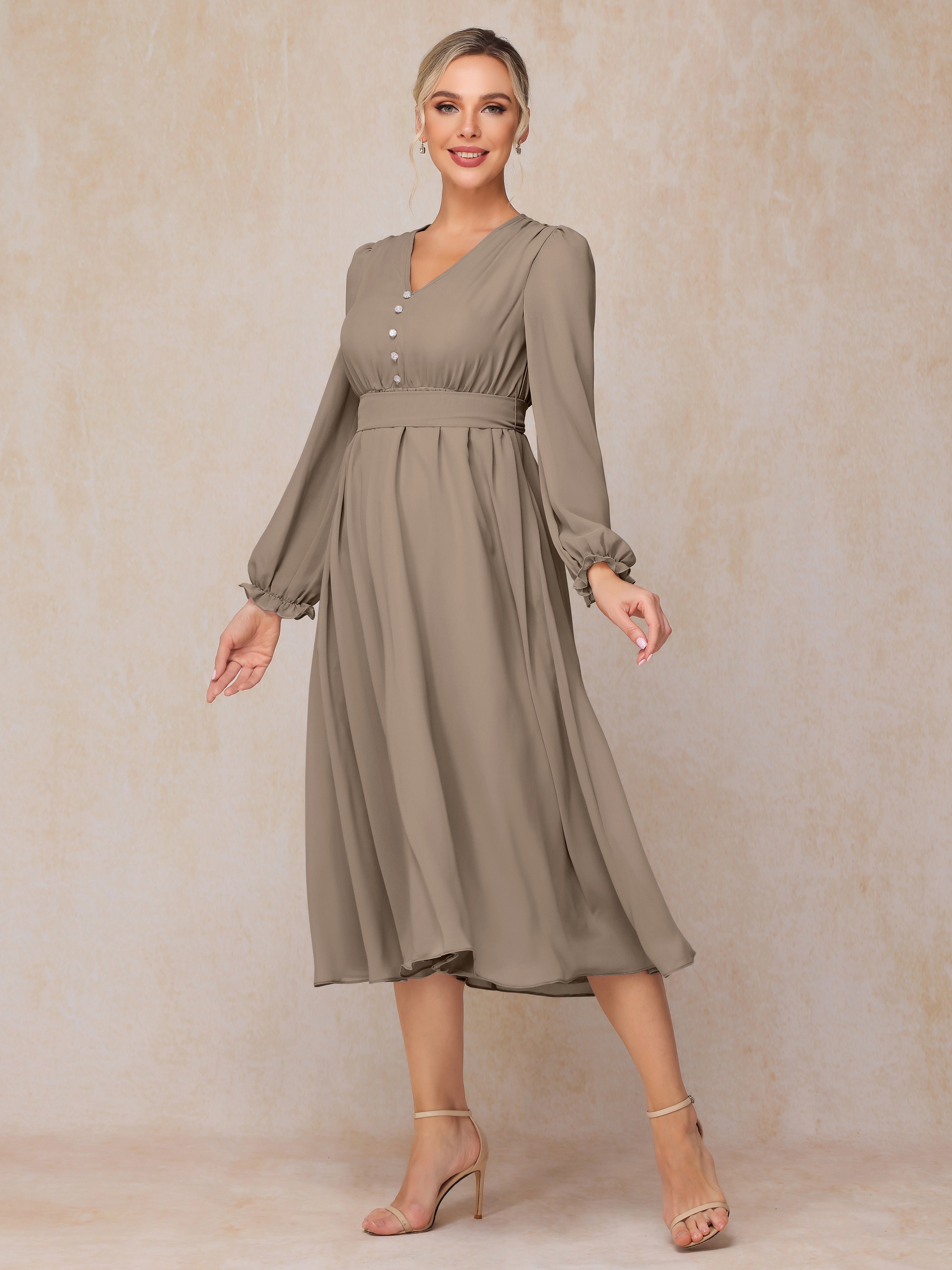 Long Sleeves V-neck Tea Length Chiffon Wedding Guest Dresses
