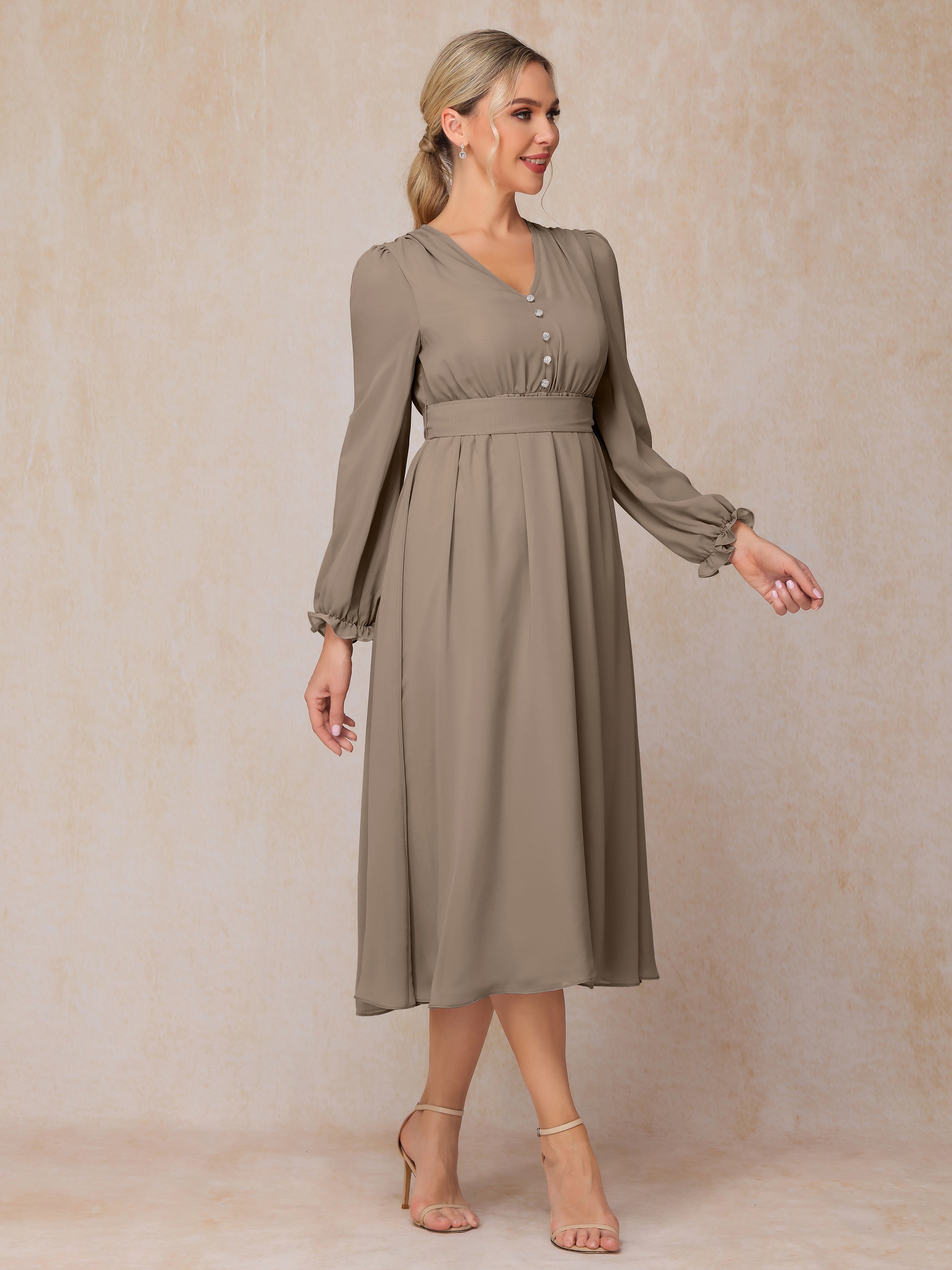 V Neck Long Sleeves Tea Length Chiffon Mother Of The Groom Dress