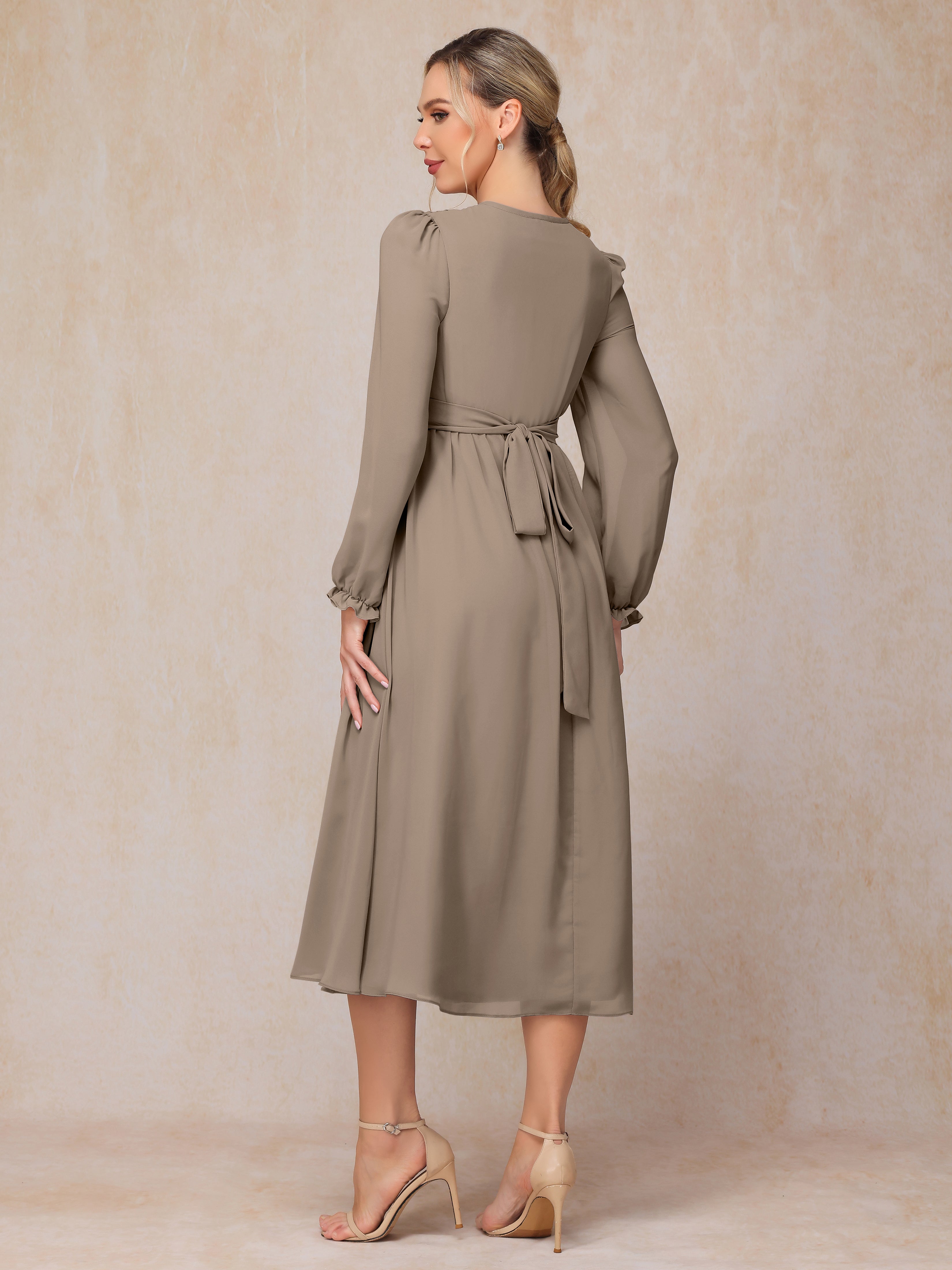 V Neck Long Sleeves Tea Length Chiffon Mother Of The Groom Dress
