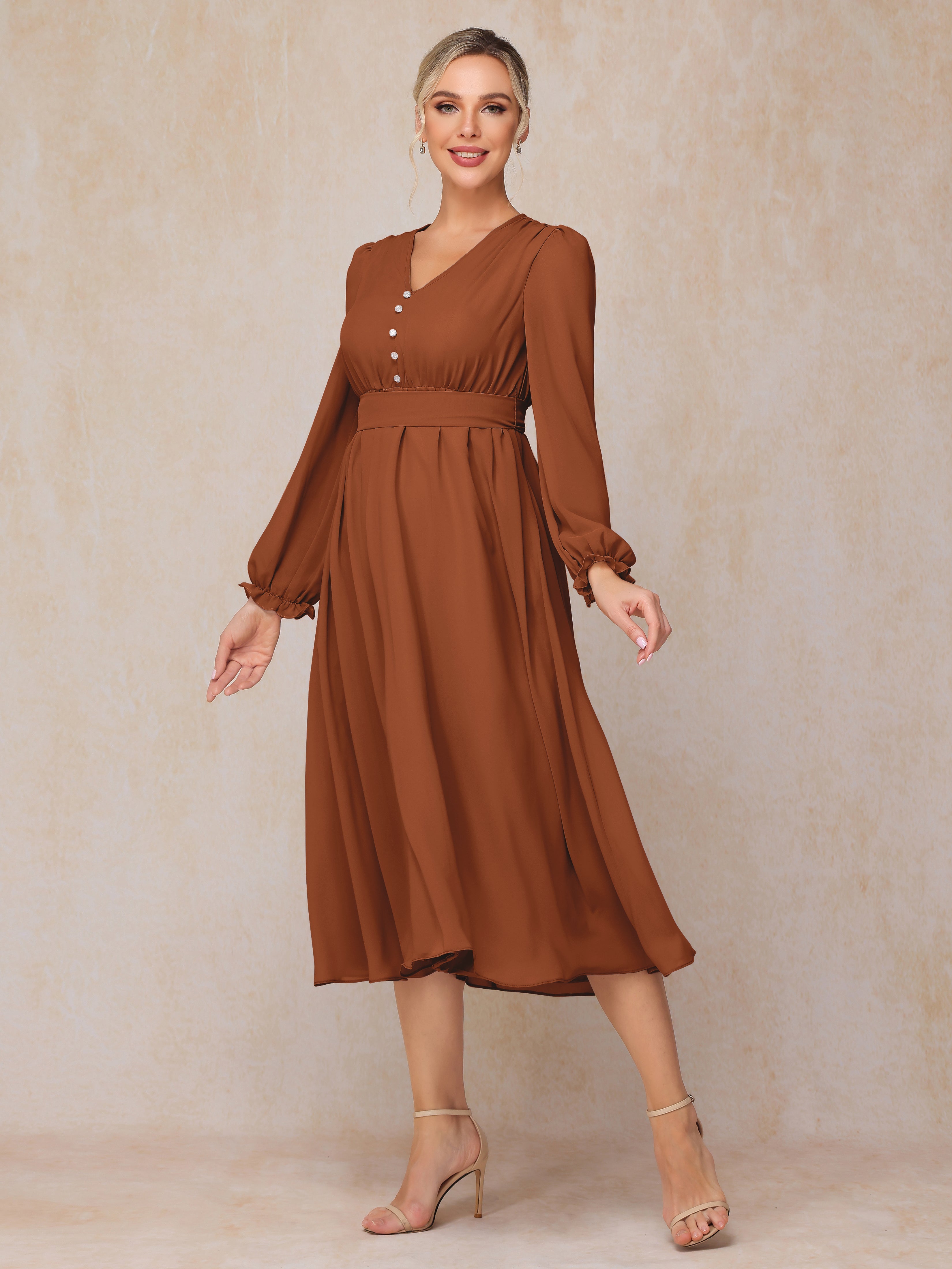 V Neck Long Sleeves Tea Length Chiffon Mother Of The Groom Dress