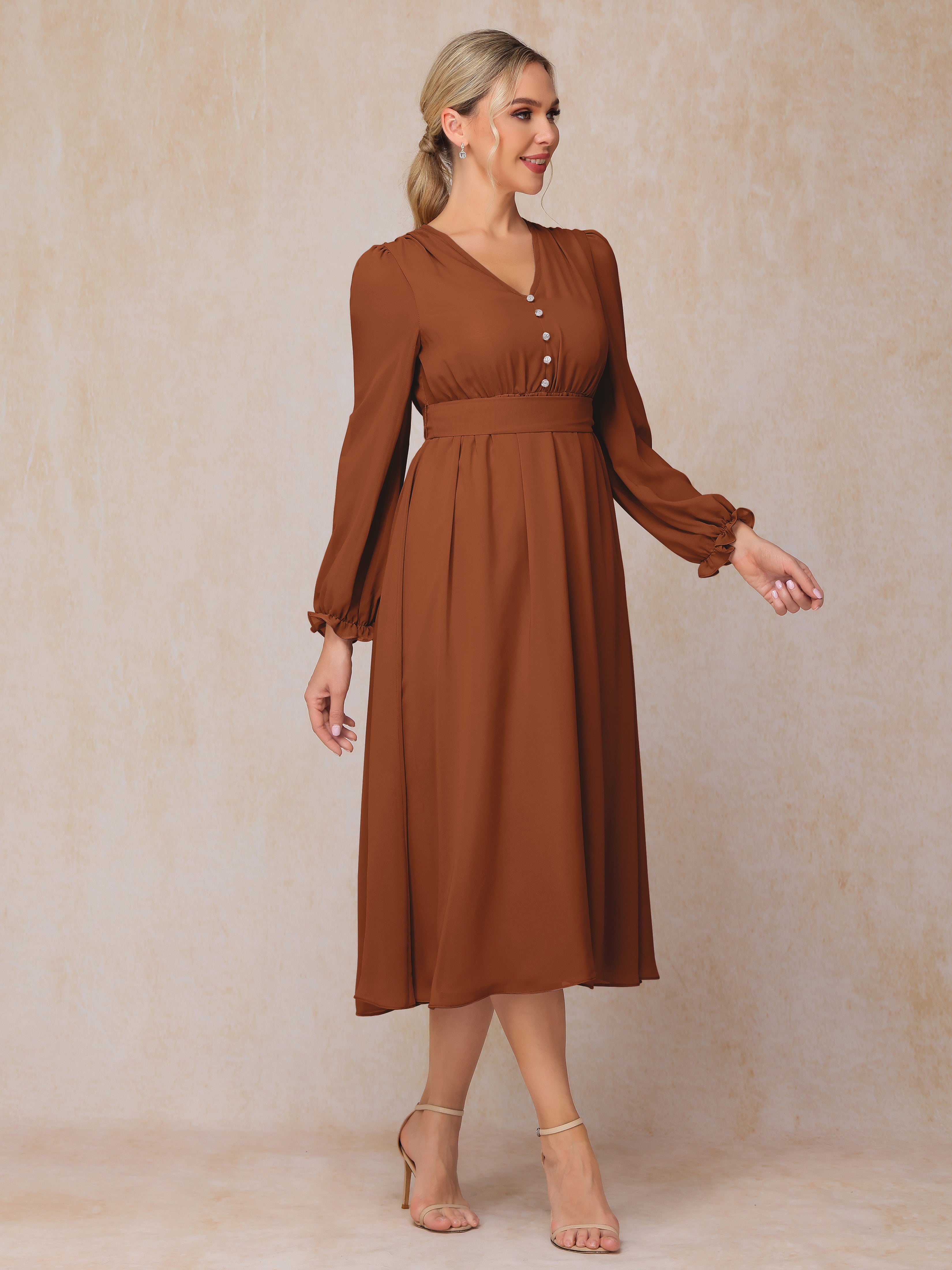 V Neck Long Sleeves Tea Length Chiffon Mother Of The Groom Dress