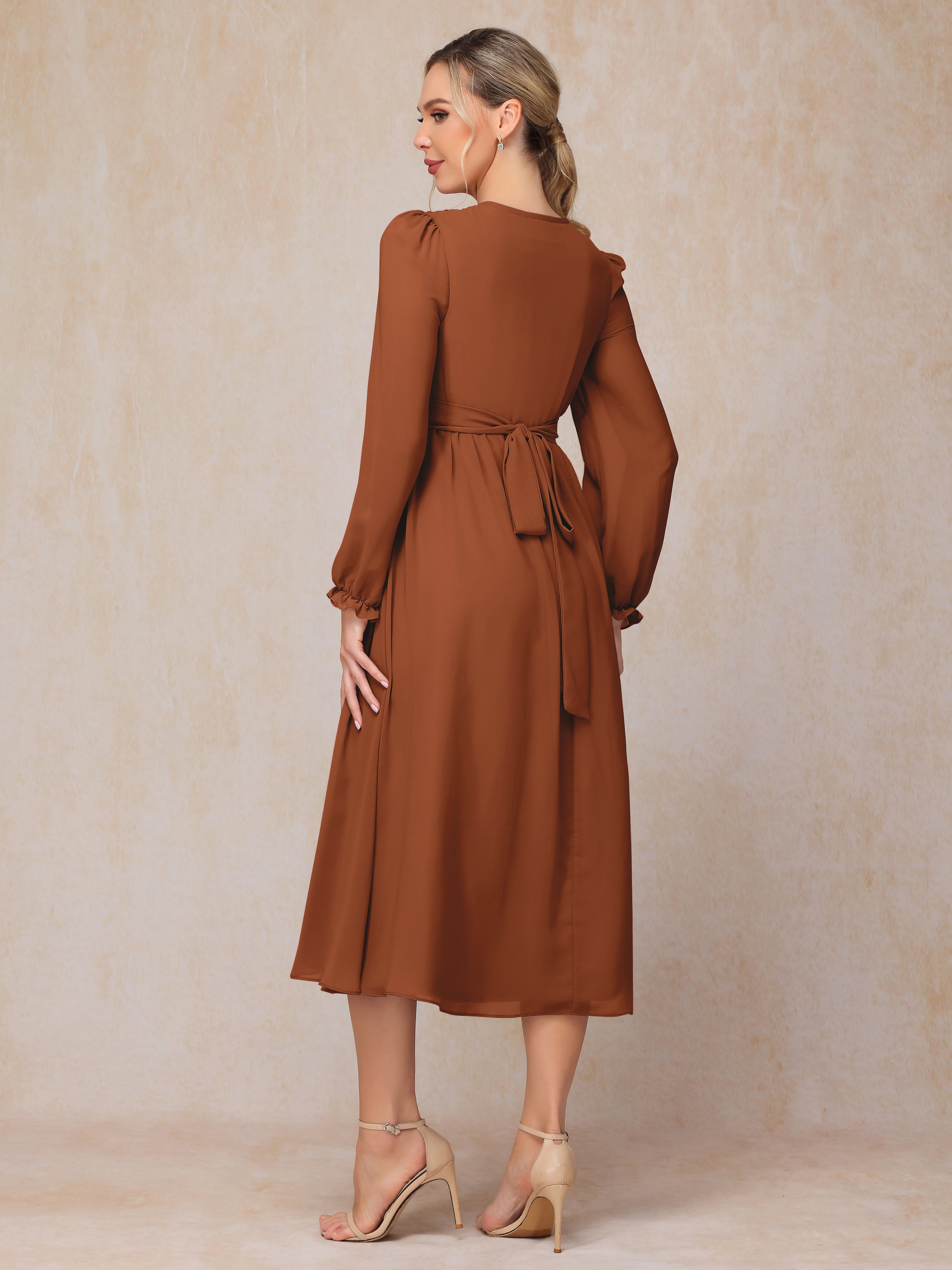 V Neck Long Sleeves Tea Length Chiffon Mother Of The Groom Dress