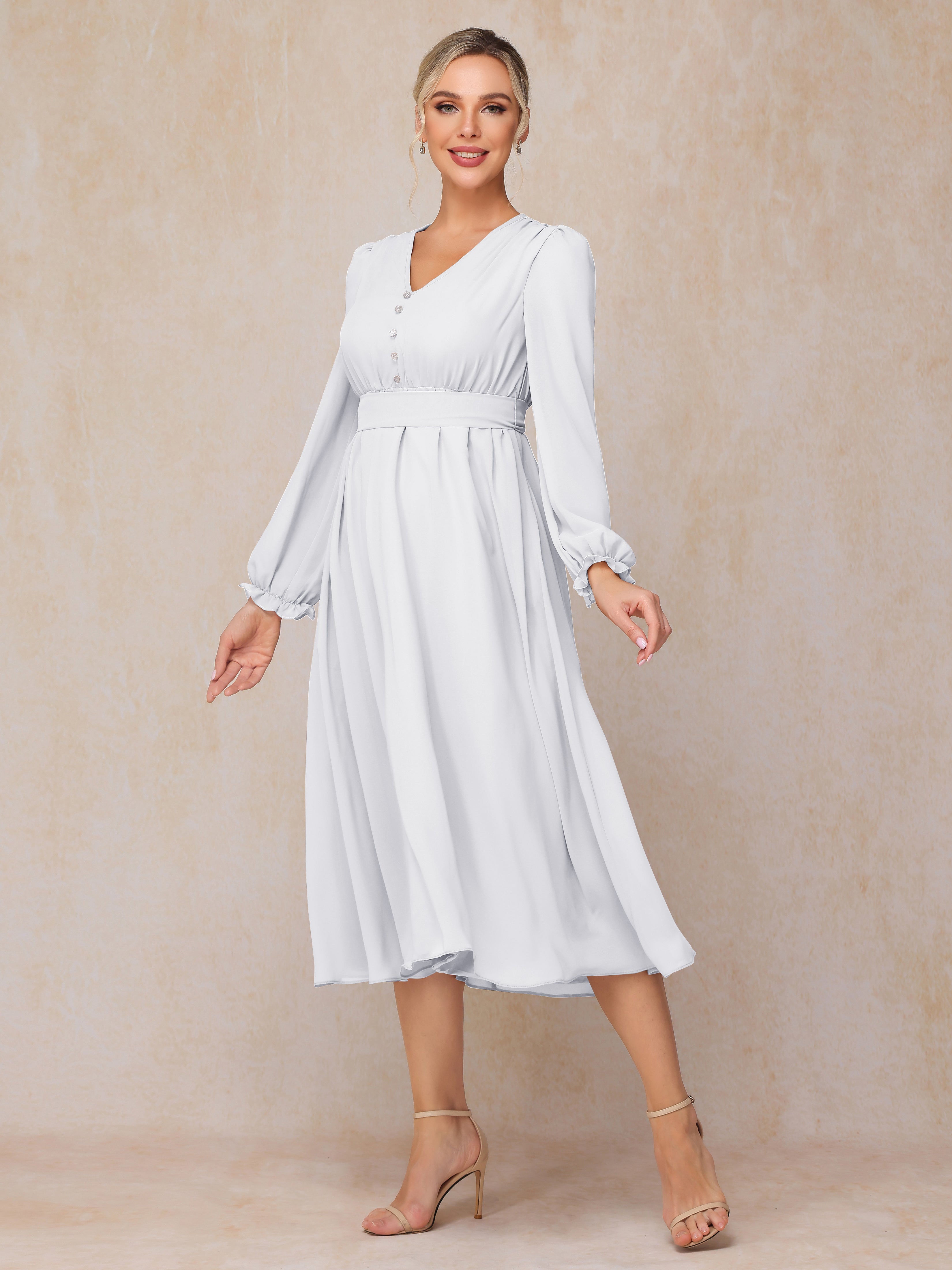 V Neck Long Sleeves Tea Length Chiffon Mother Of The Groom Dress