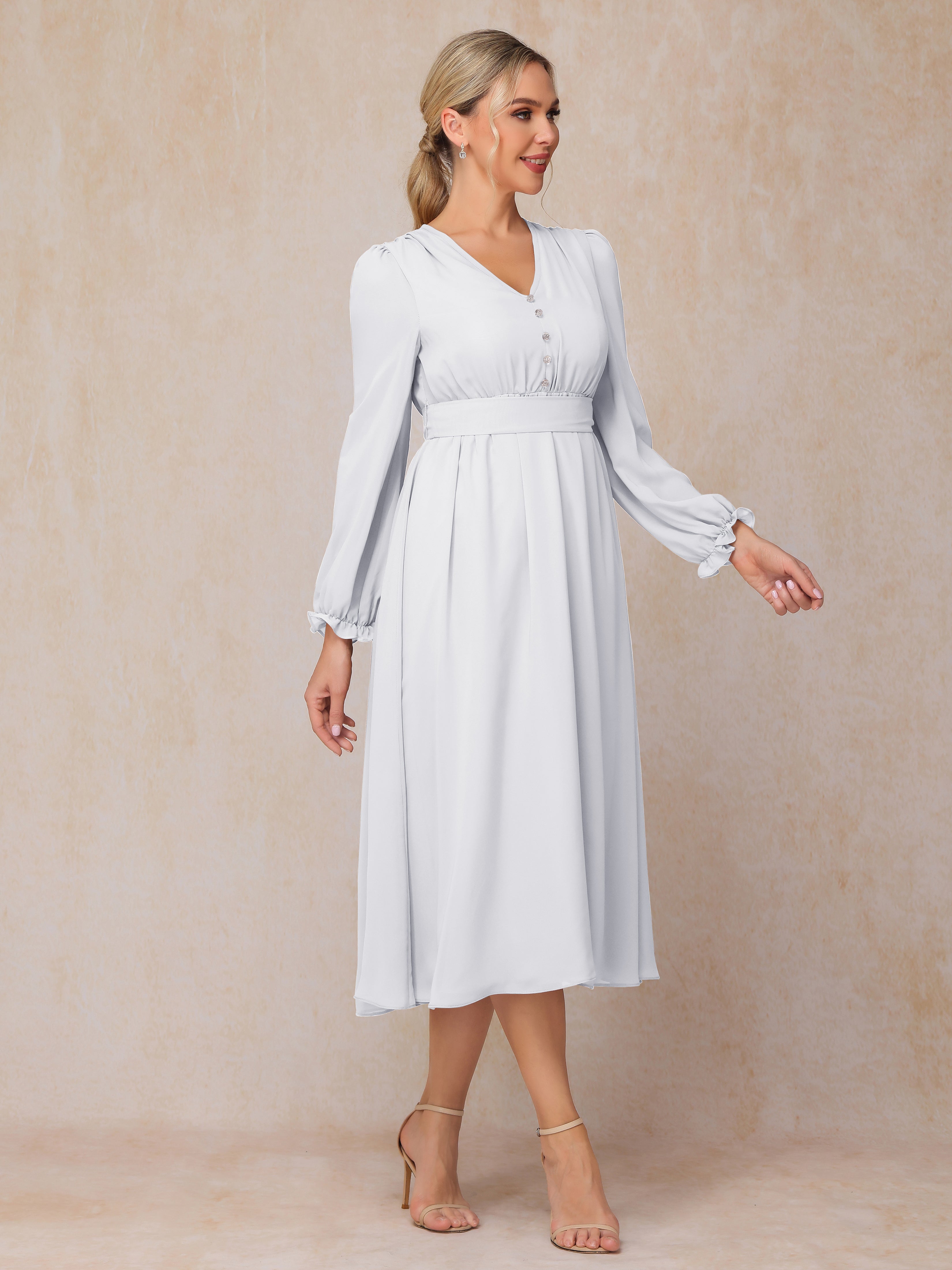 V Neck Long Sleeves Tea Length Chiffon Mother Of The Groom Dress