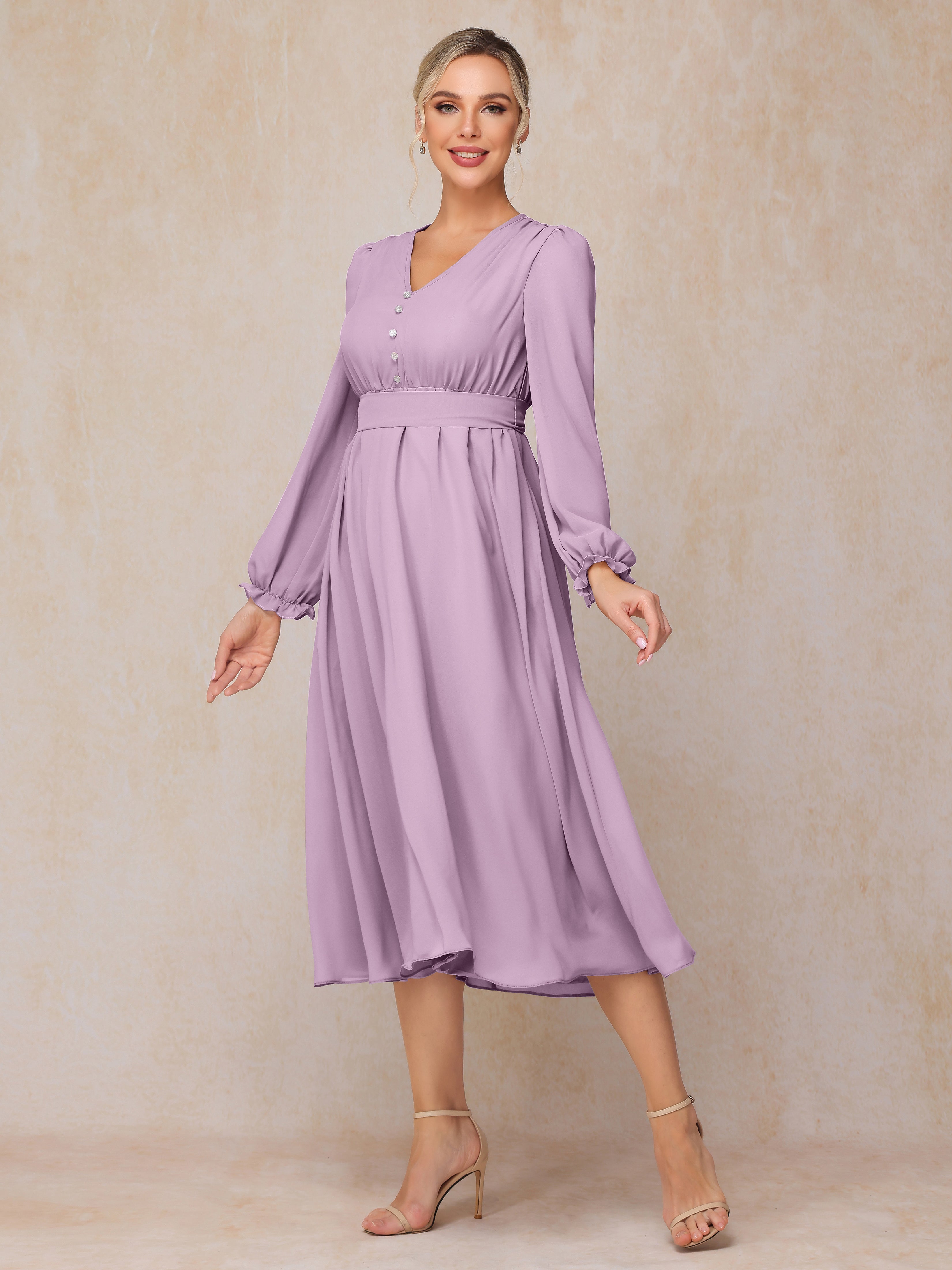 V Neck Long Sleeves Tea Length Chiffon Mother Of The Groom Dress