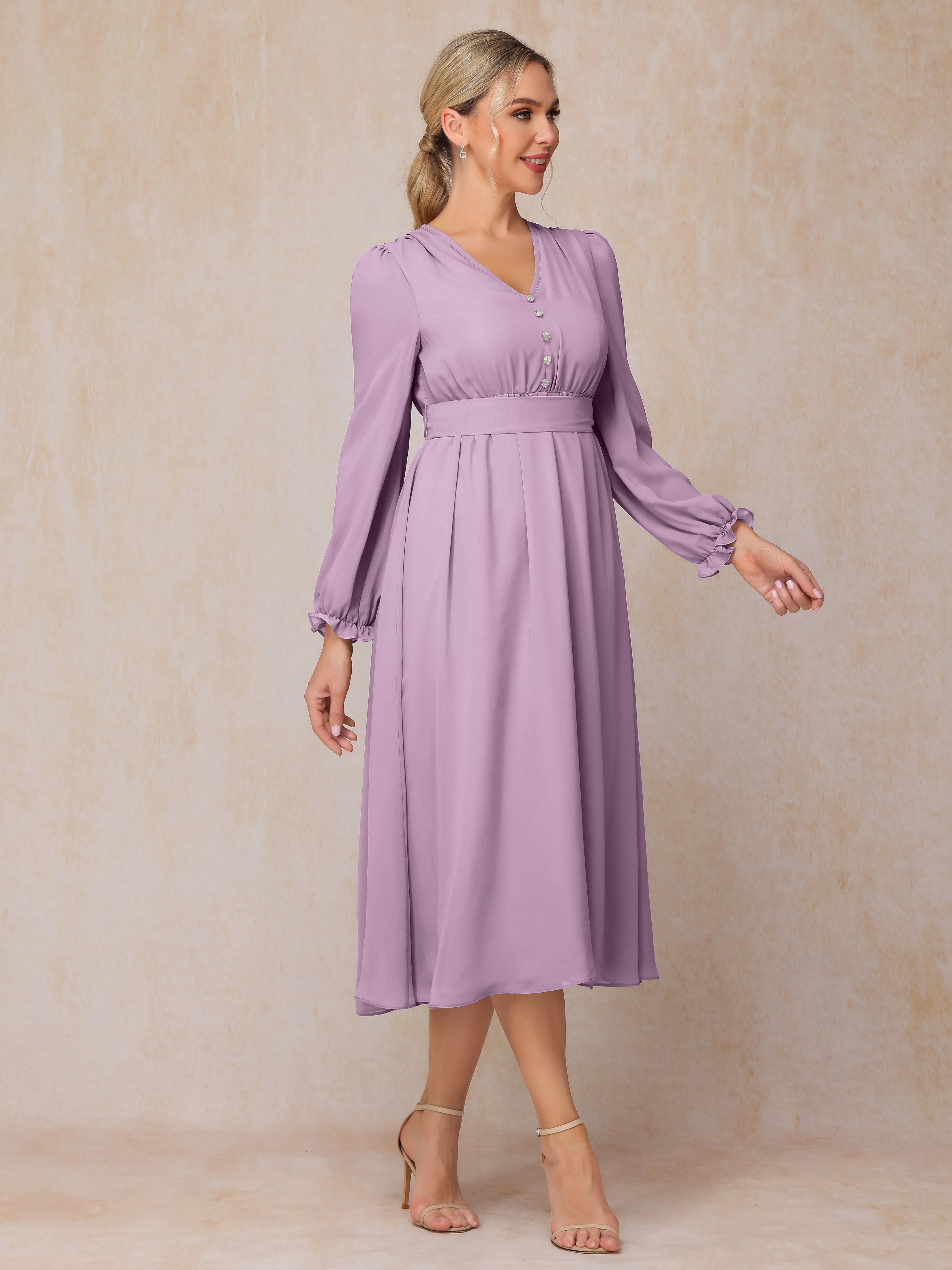 V Neck Long Sleeves Tea Length Chiffon Mother Of The Groom Dress