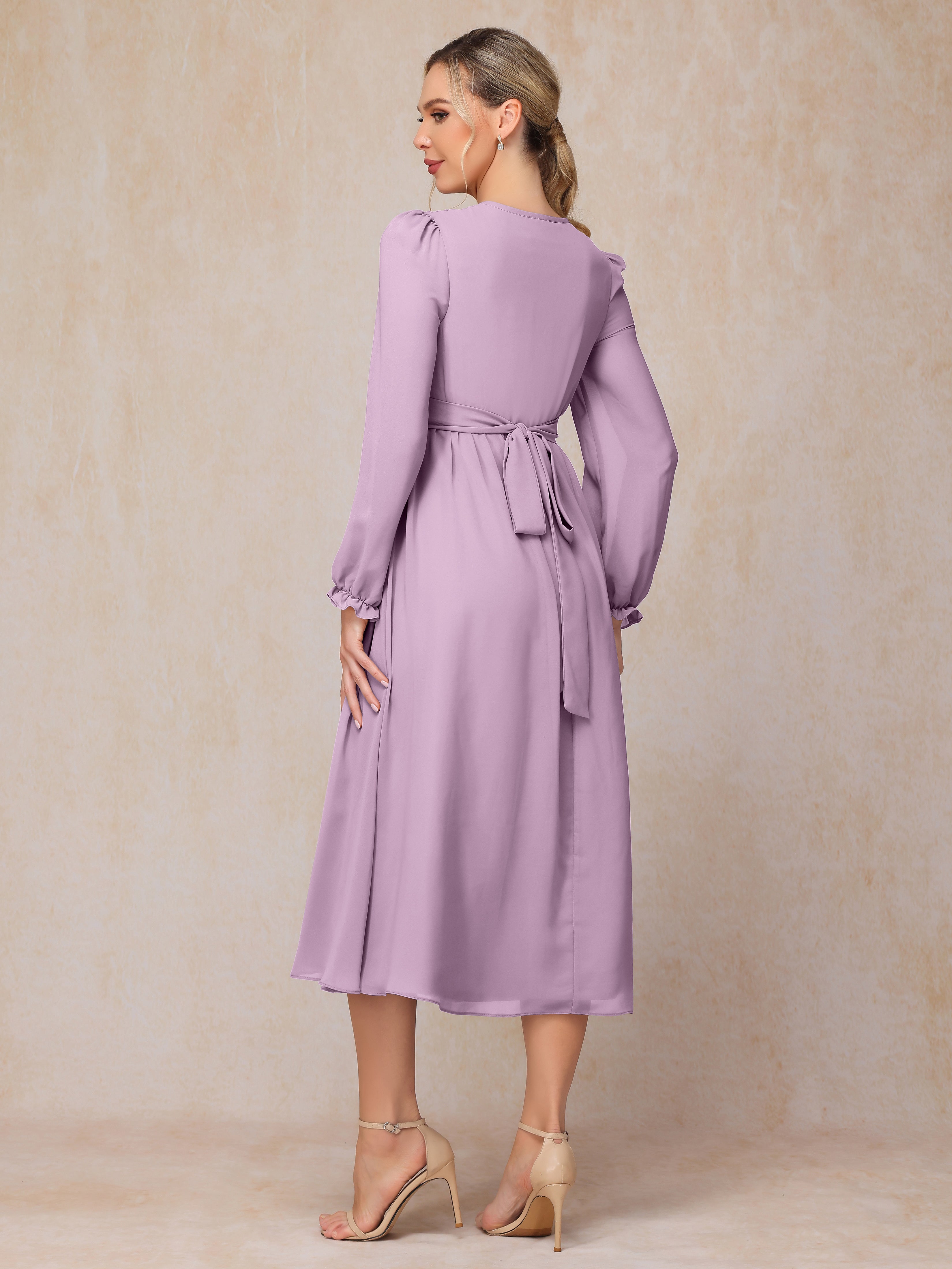 V Neck Long Sleeves Tea Length Chiffon Mother Of The Groom Dress