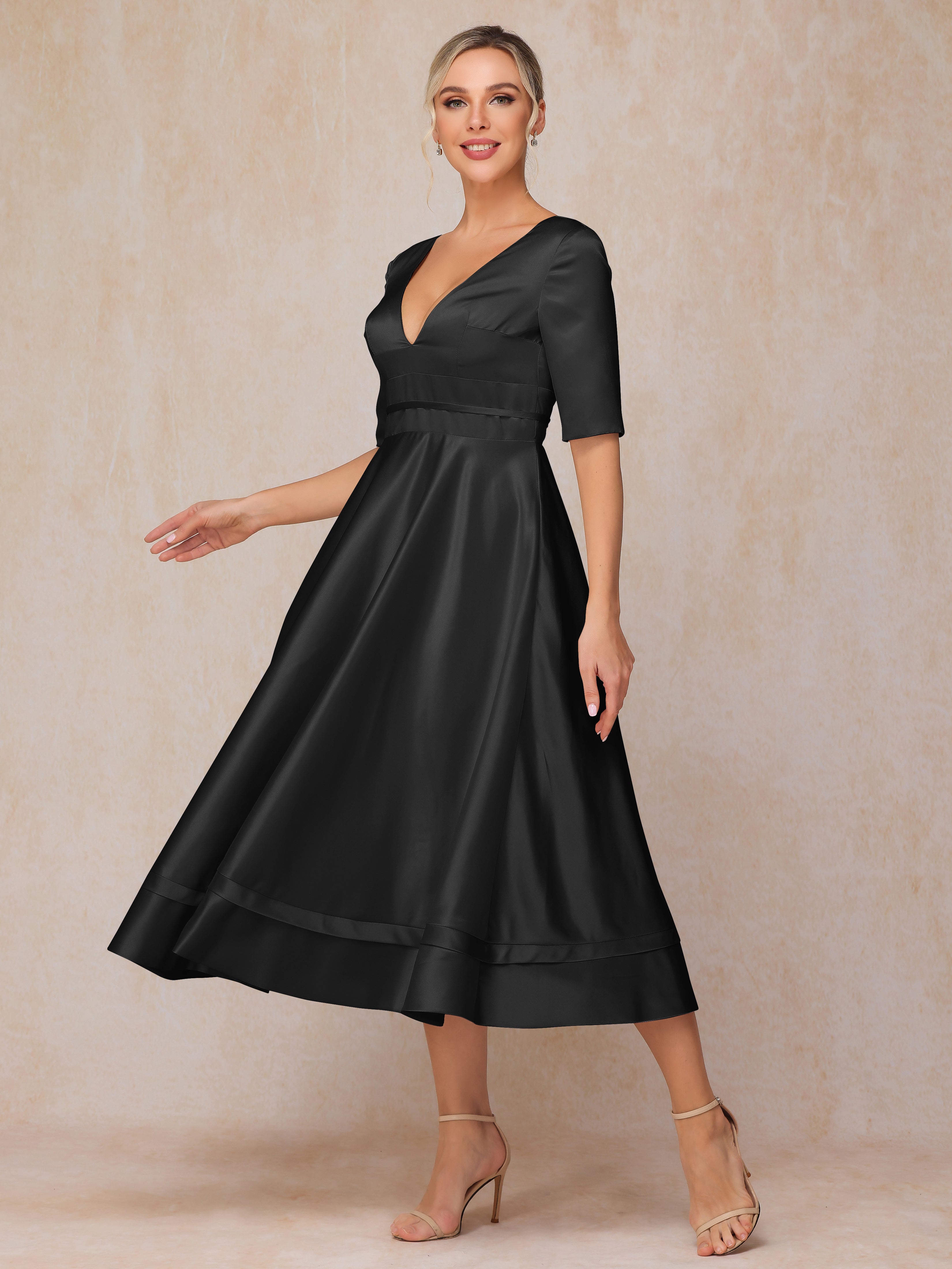 V Neck Short Sleeves Tea Length Satin Mother Of The Bride Dress