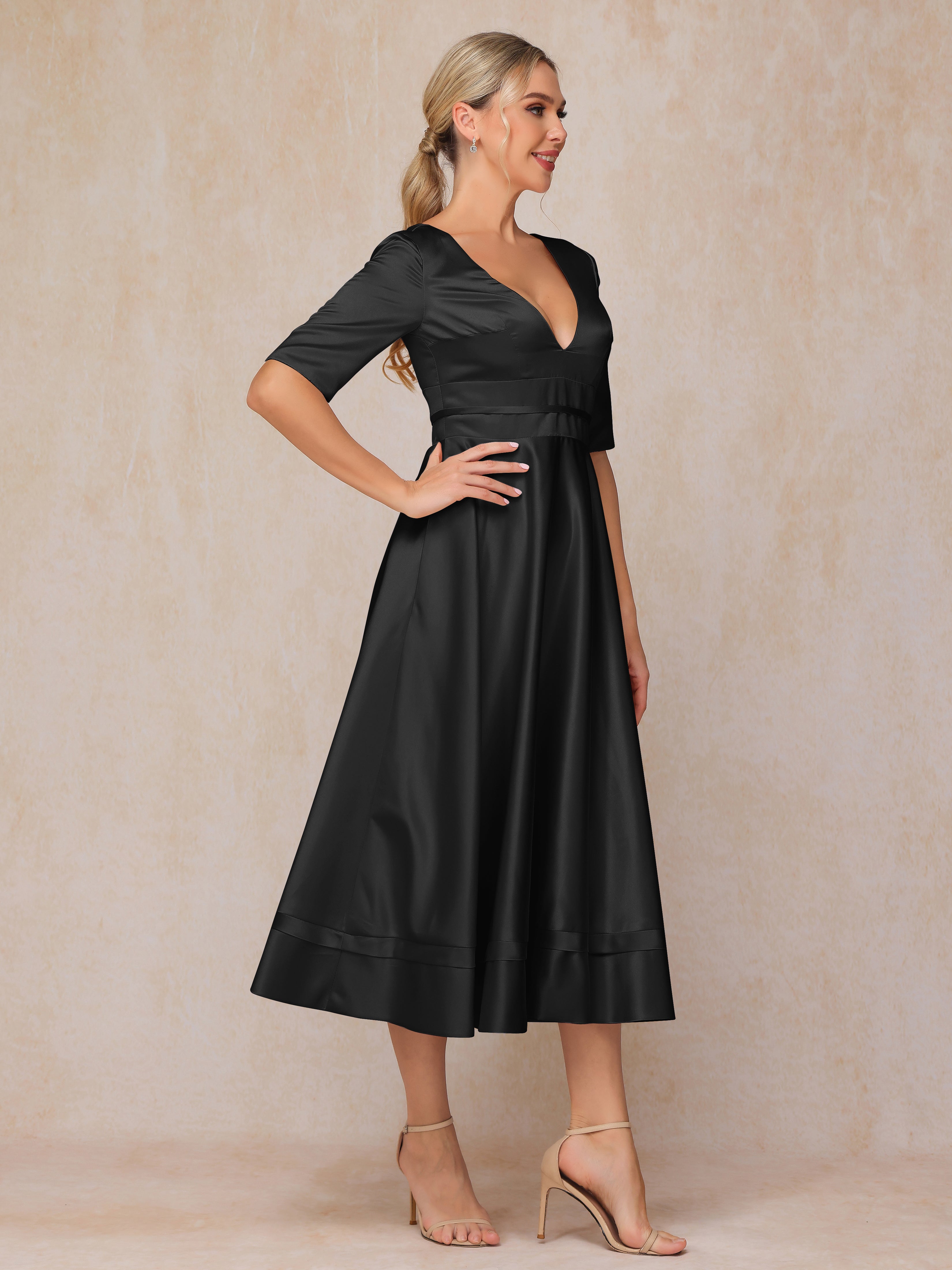 V Neck Short Sleeves Tea Length Satin Mother Of The Bride Dress