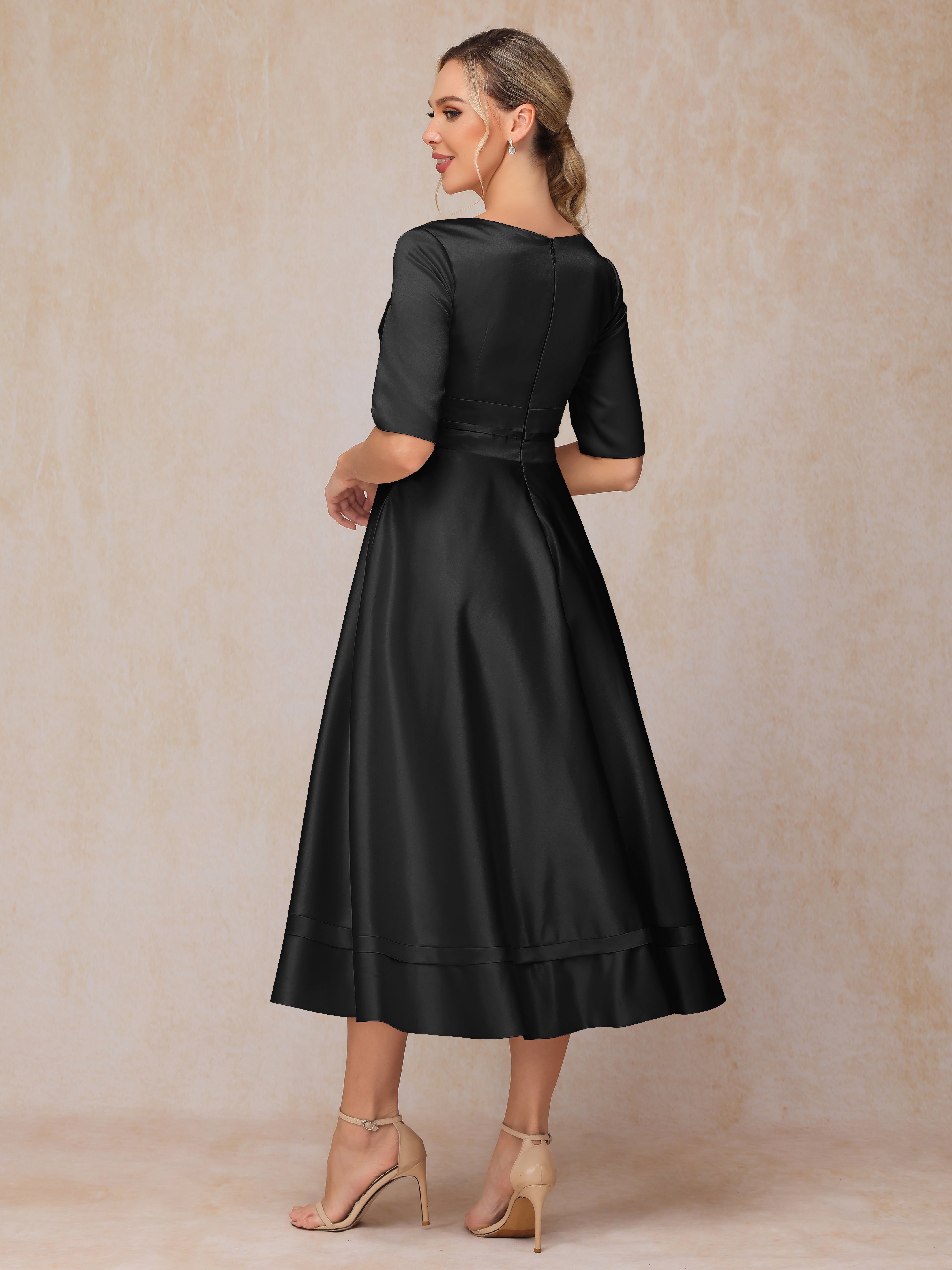 V Neck Short Sleeves Tea Length Satin Mother Of The Bride Dress