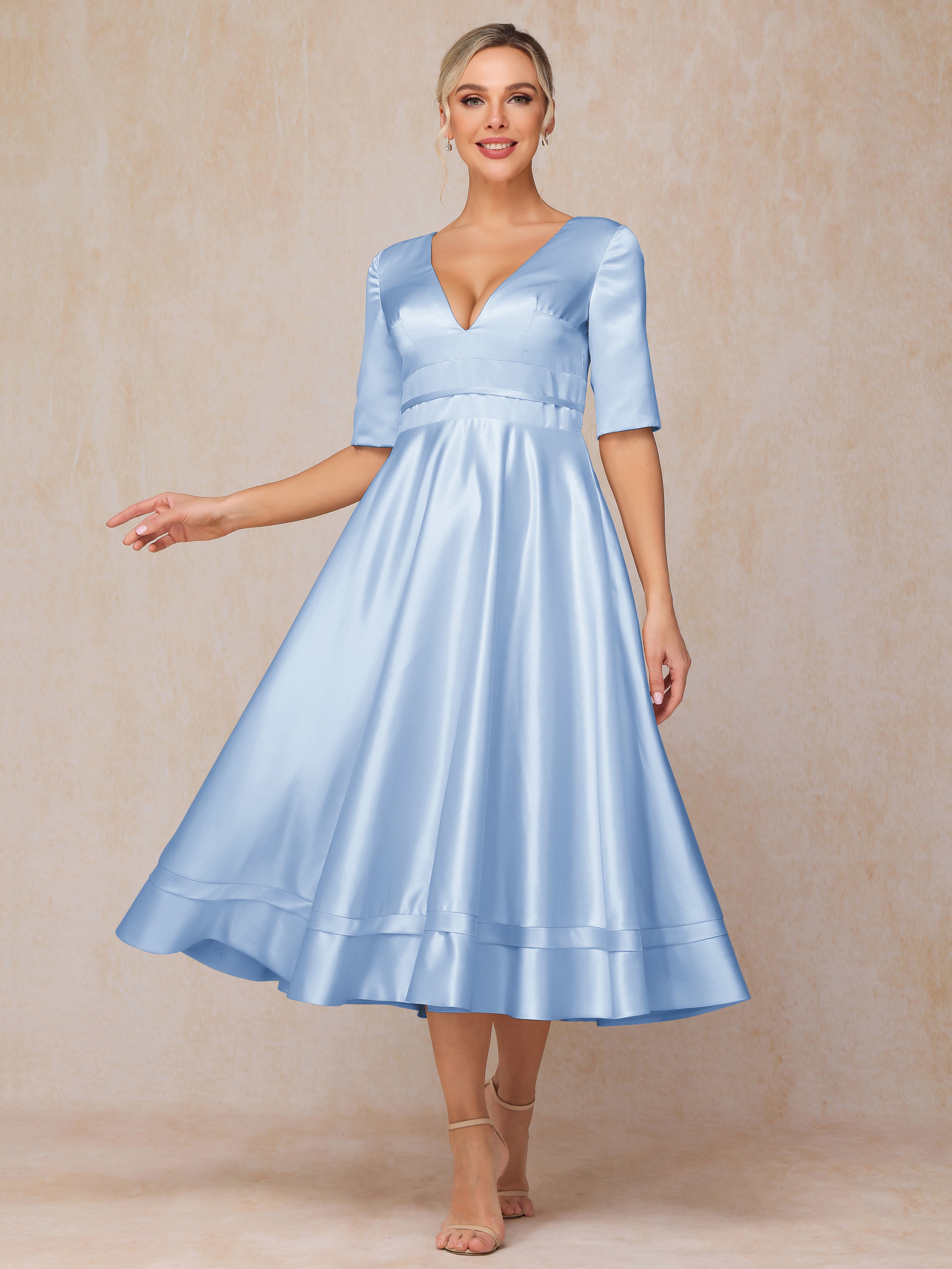 V Neck Short Sleeves Tea Length Satin Mother Of The Bride Dress V Neck Short Sleeves Tea Length Satin Mother Of The Bride Dress