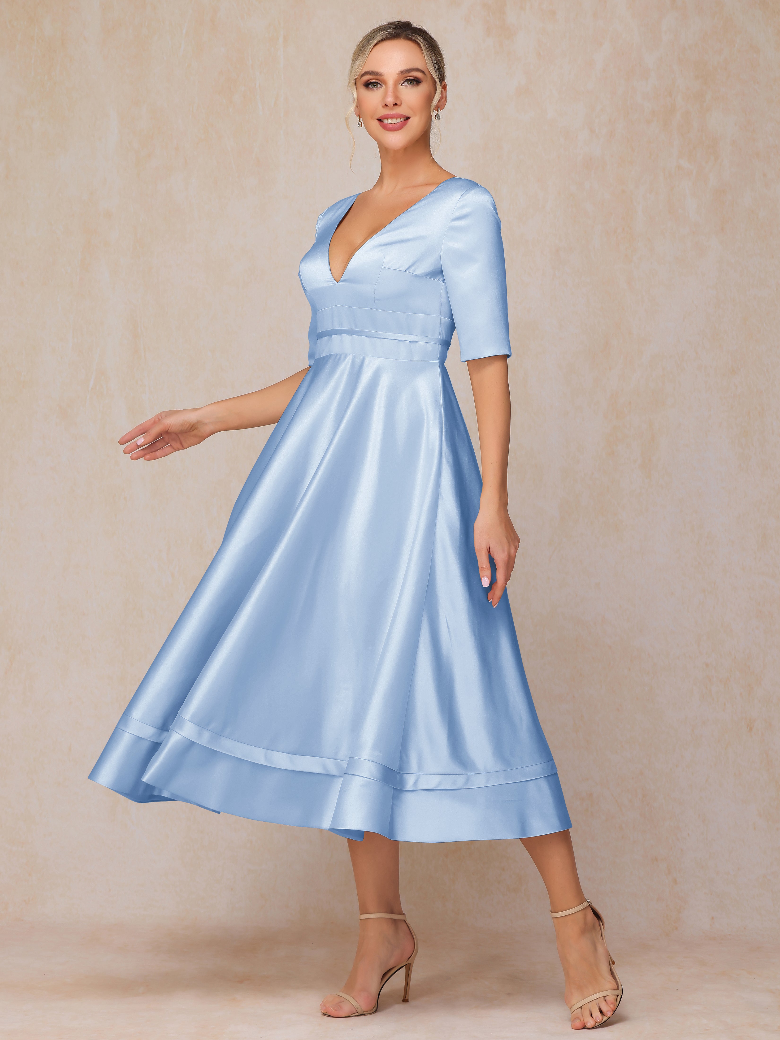 V Neck Short Sleeves Tea Length Satin Mother Of The Bride Dress
