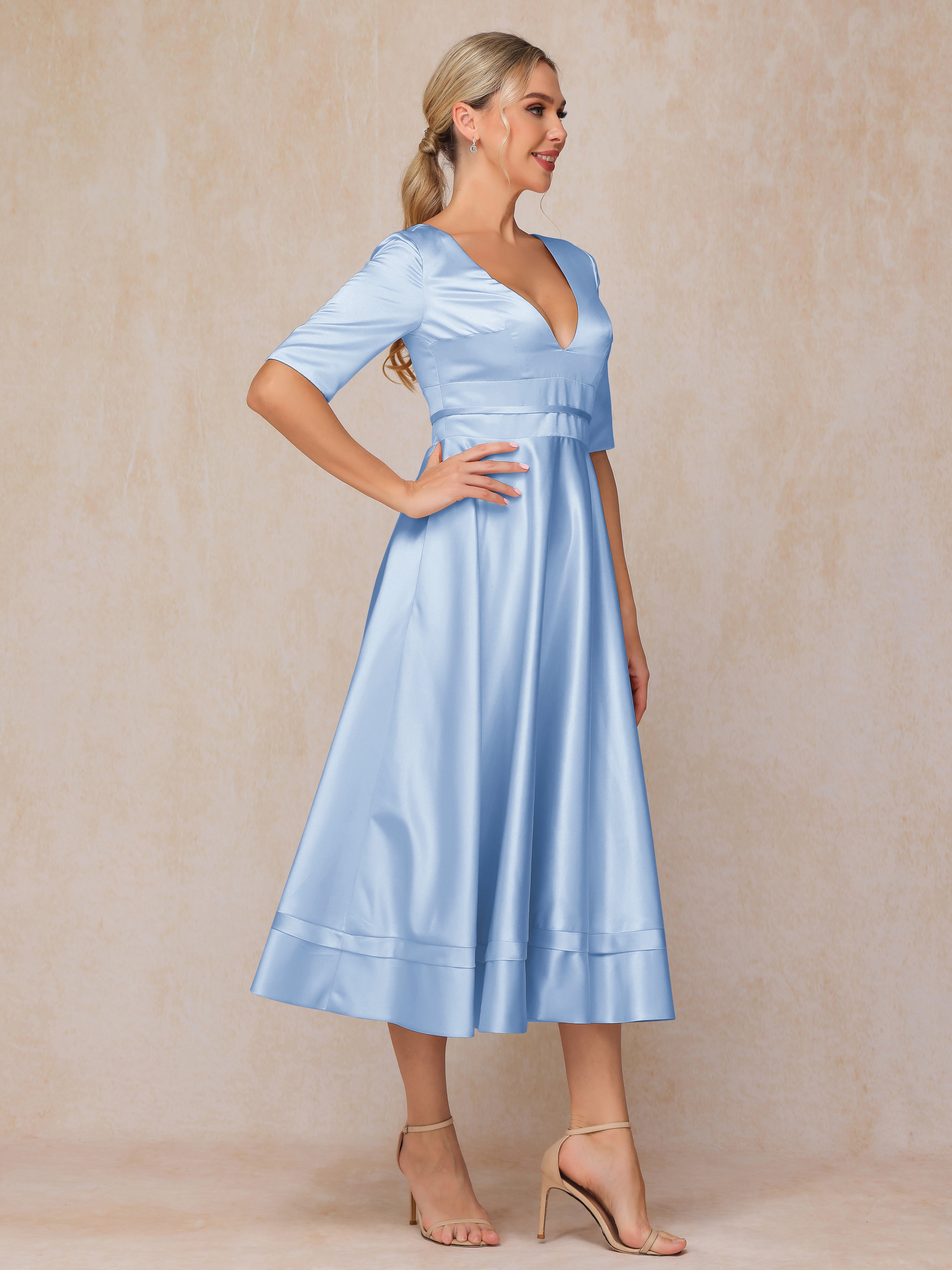 V Neck Short Sleeves Tea Length Satin Mother Of The Bride Dress