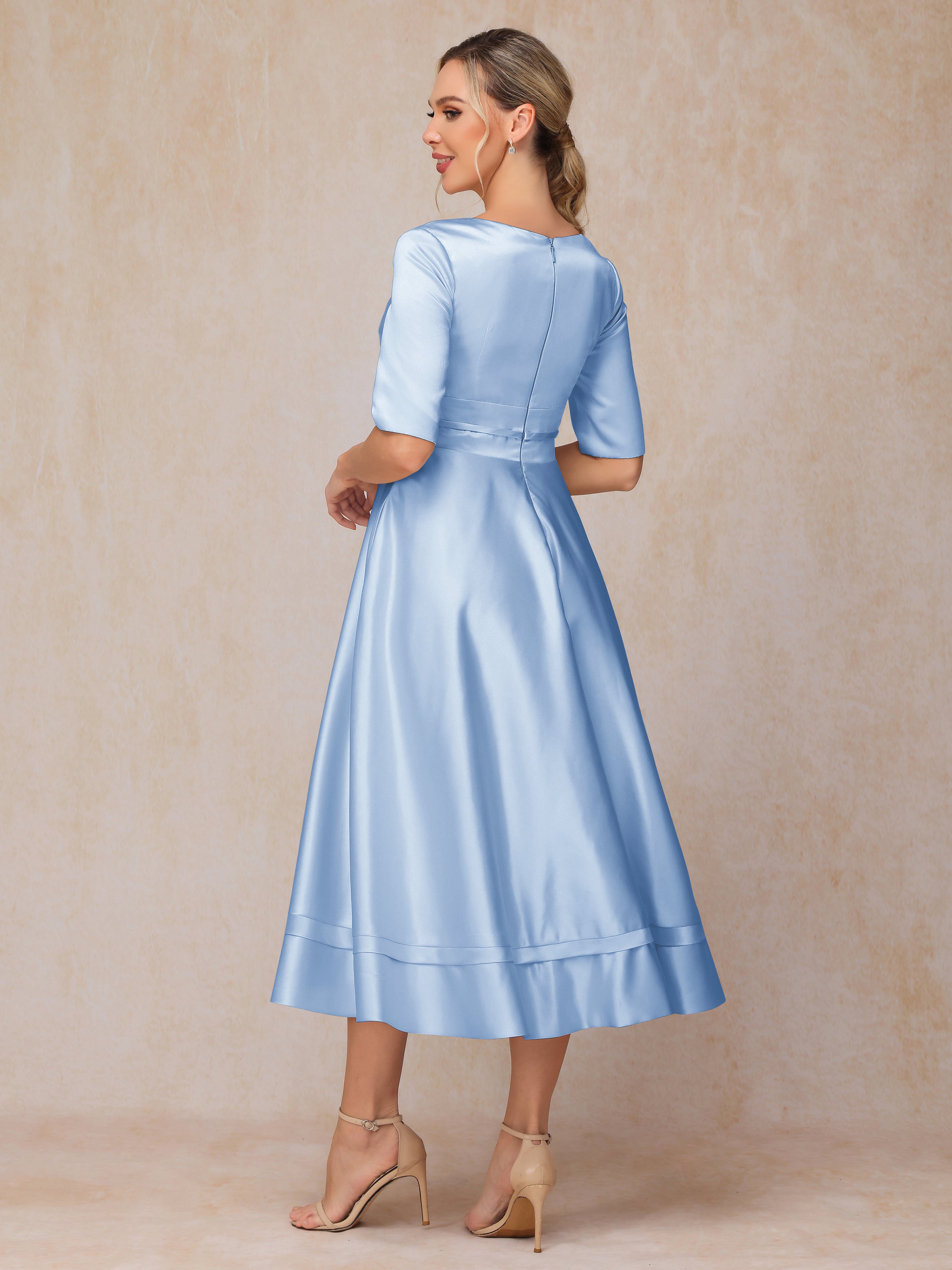 V Neck Short Sleeves Tea Length Satin Mother Of The Bride Dress