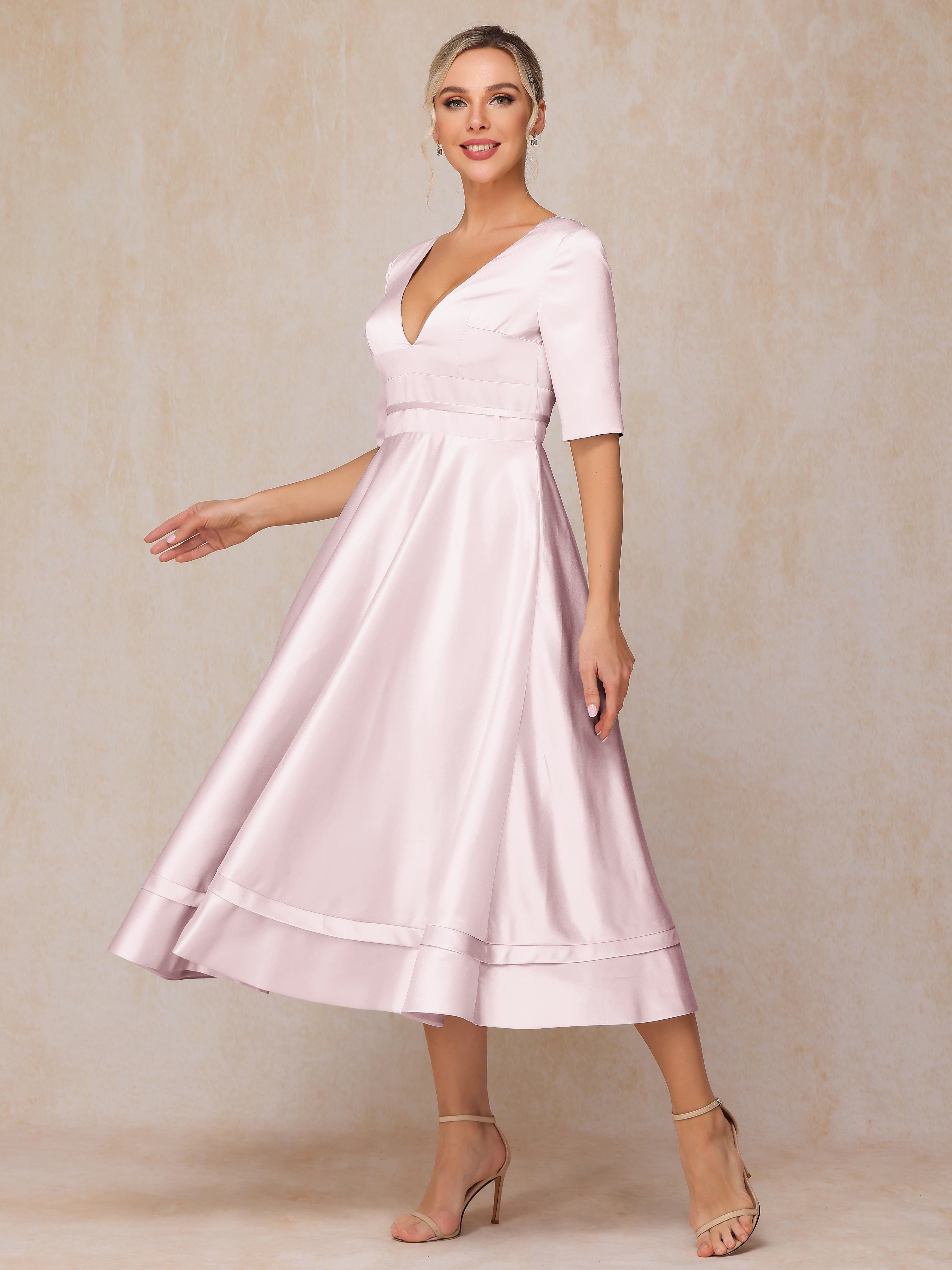 V Neck Short Sleeves Tea Length Satin Mother Of The Bride Dress