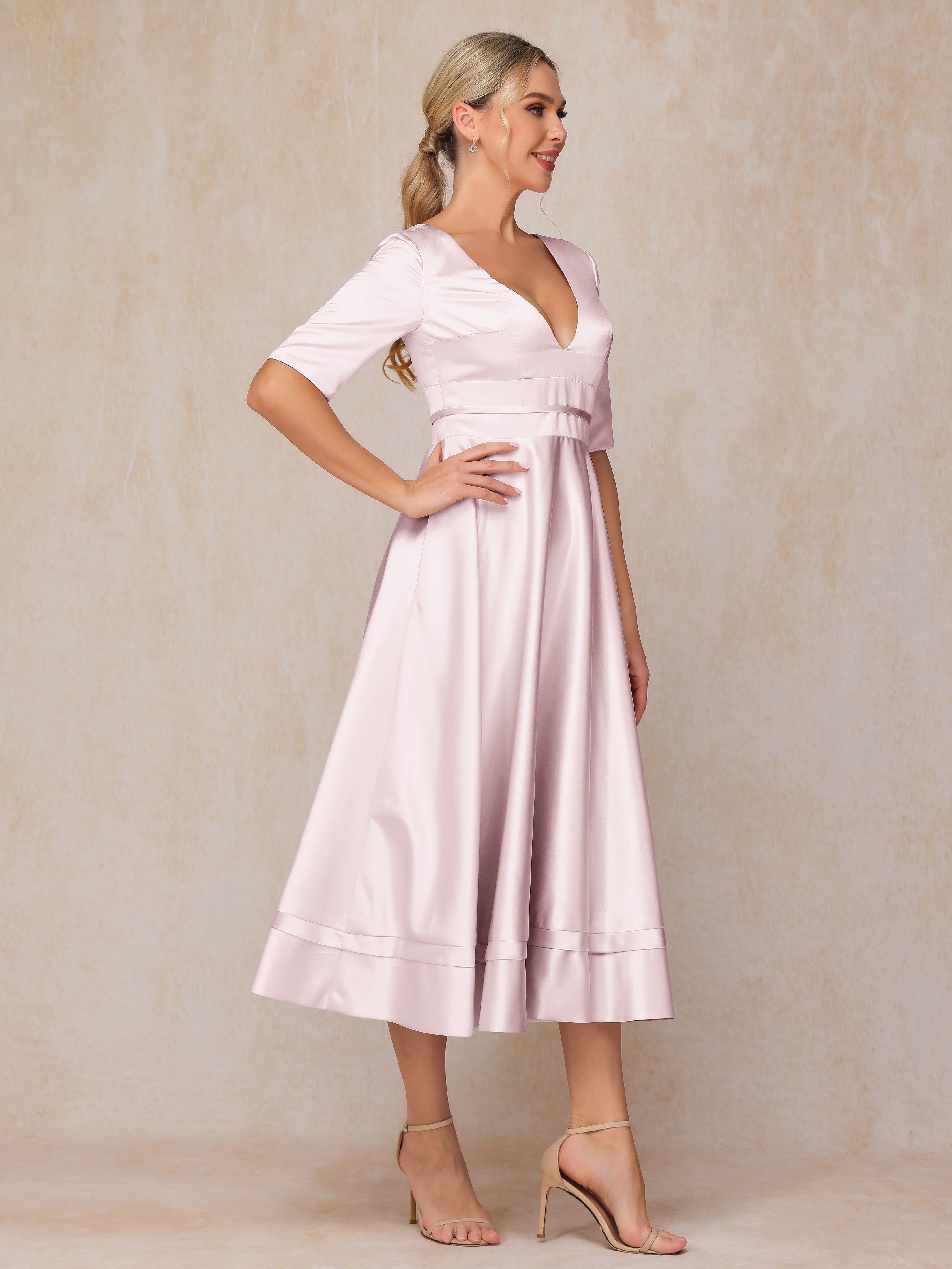 V Neck Short Sleeves Tea Length Satin Mother Of The Bride Dress