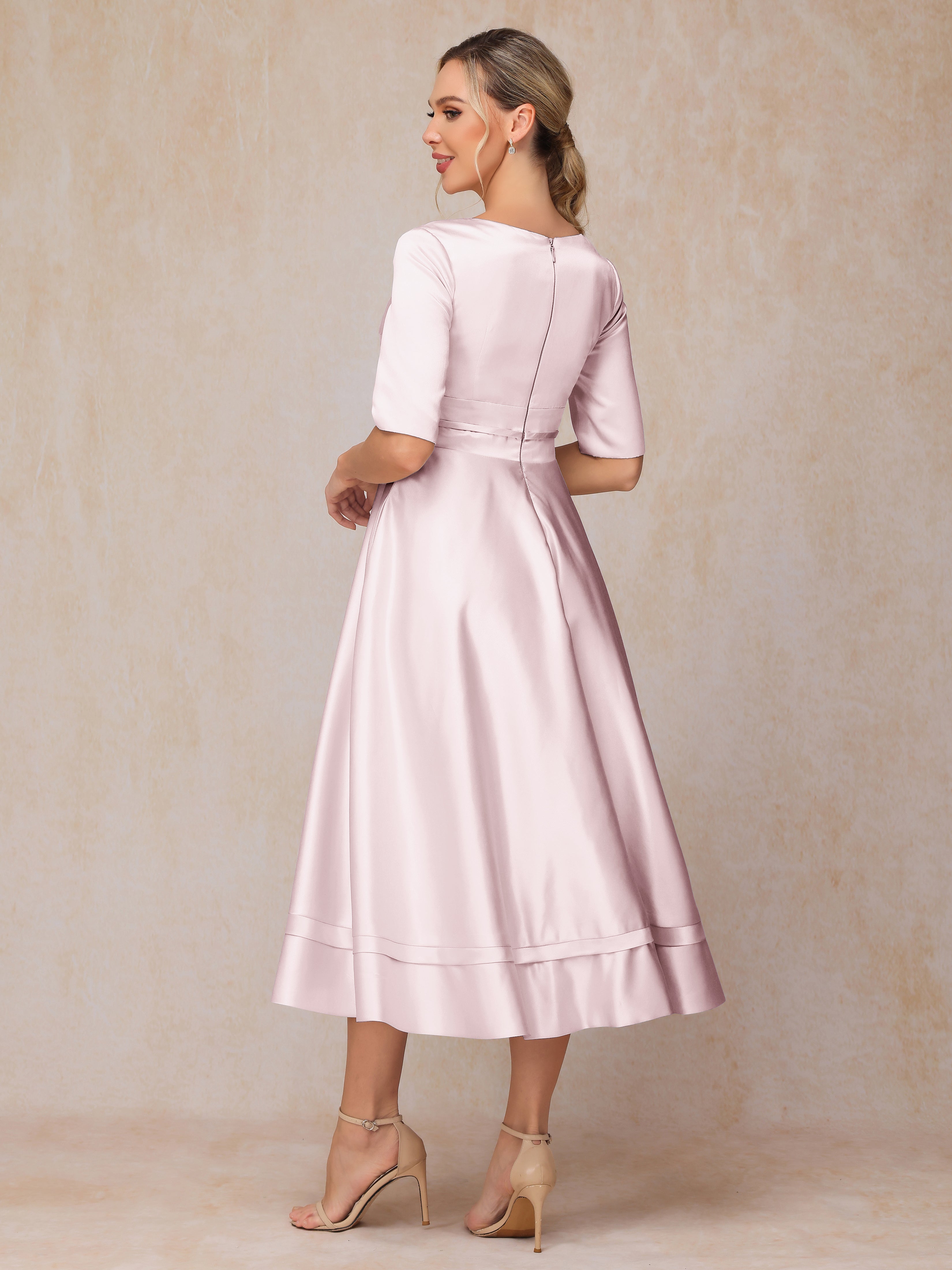 V Neck Short Sleeves Tea Length Satin Mother Of The Bride Dress
