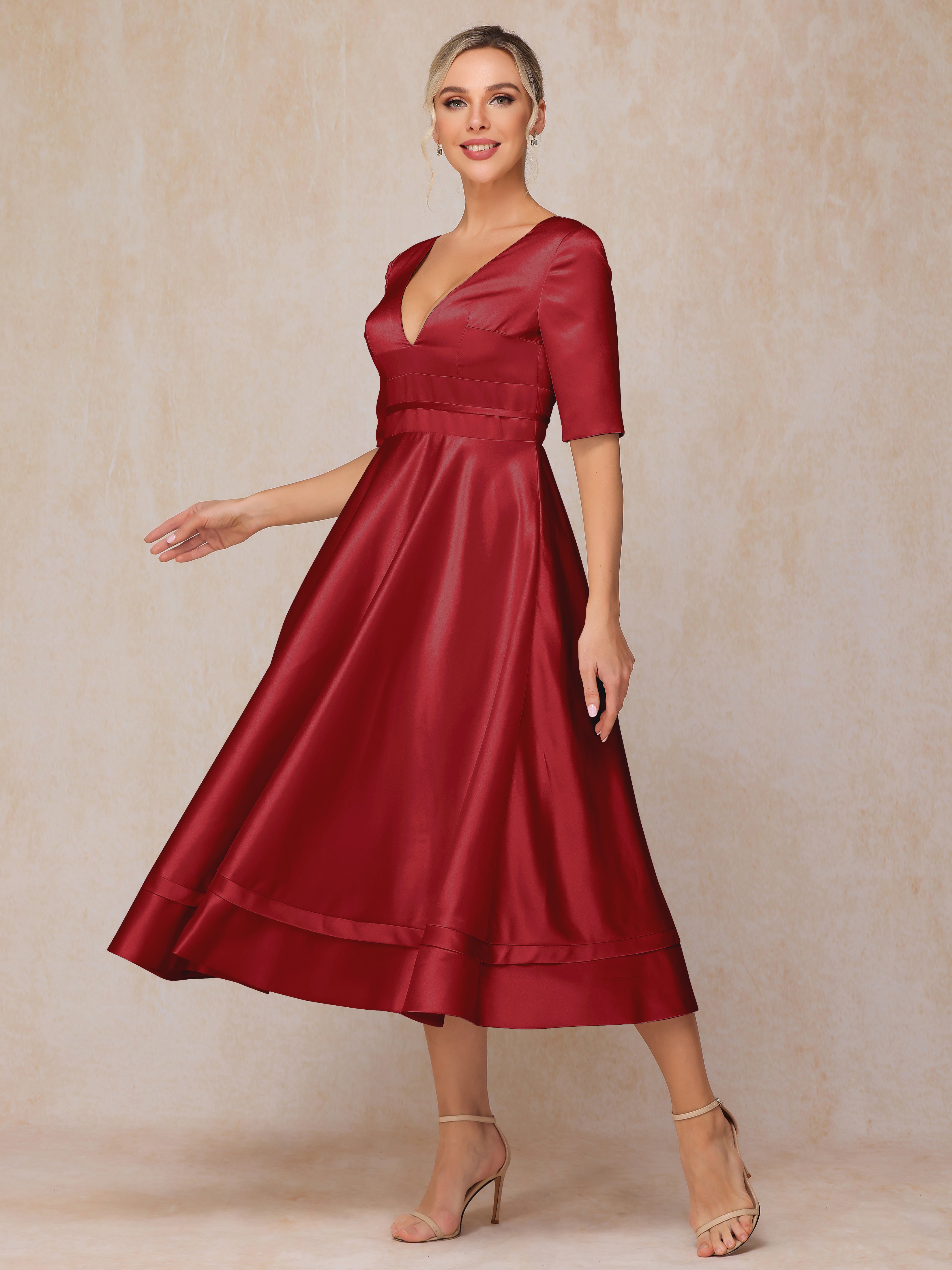 V Neck Short Sleeves Tea Length Satin Mother Of The Bride Dress