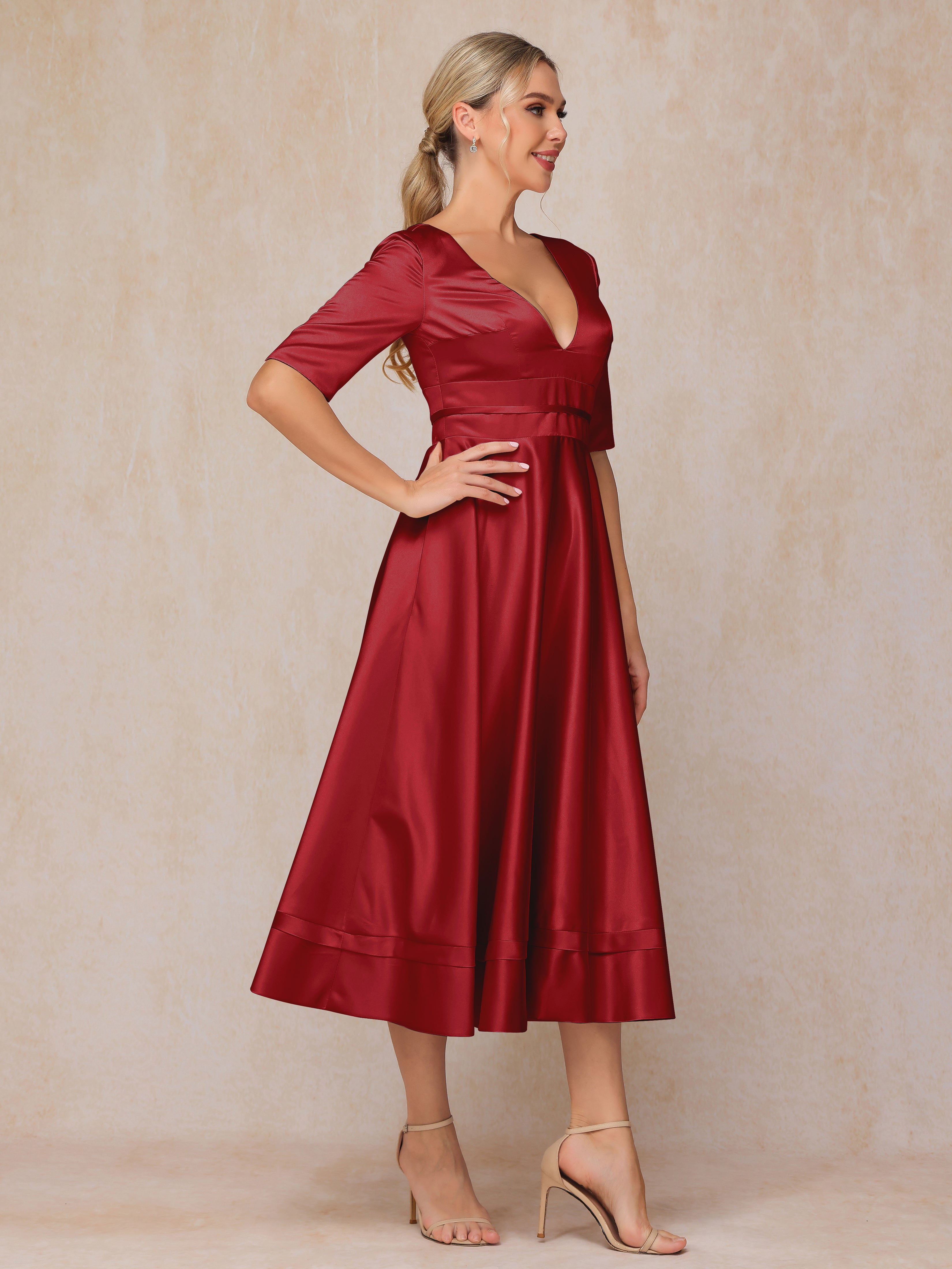 V Neck Short Sleeves Tea Length Satin Mother Of The Bride Dress