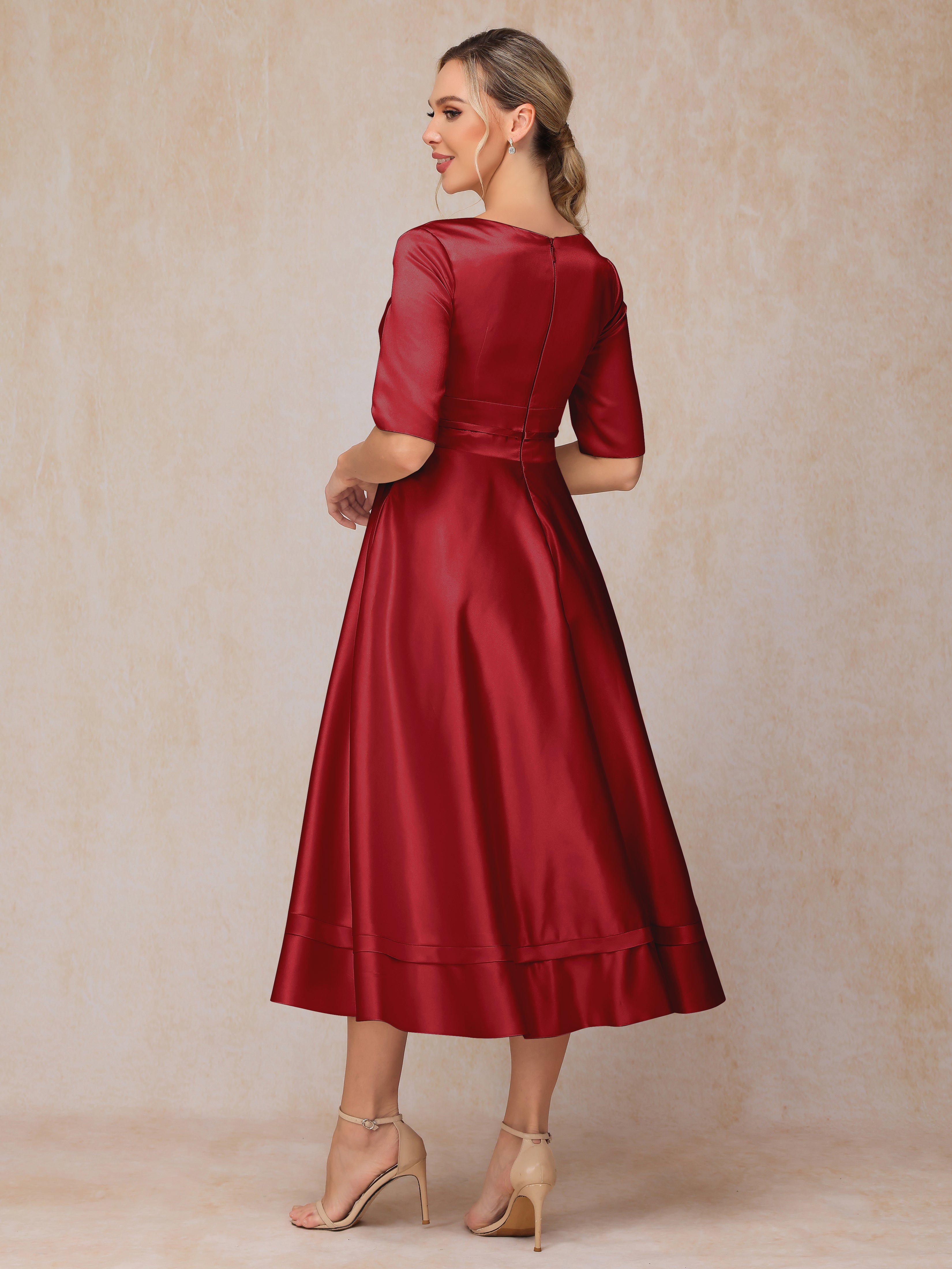 V Neck Short Sleeves Tea Length Satin Mother Of The Bride Dress