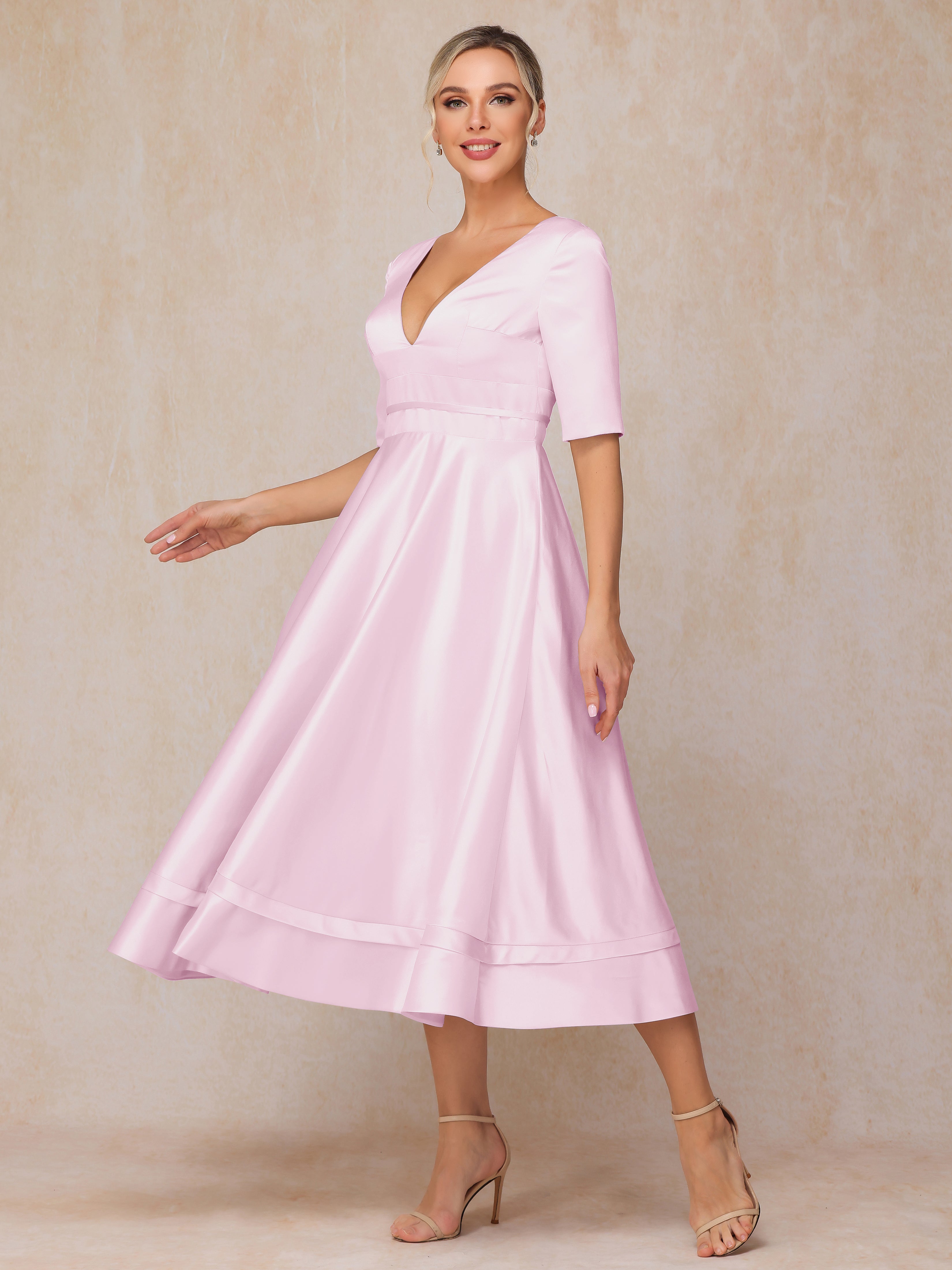 V Neck Short Sleeves Tea Length Satin Mother Of The Bride Dress