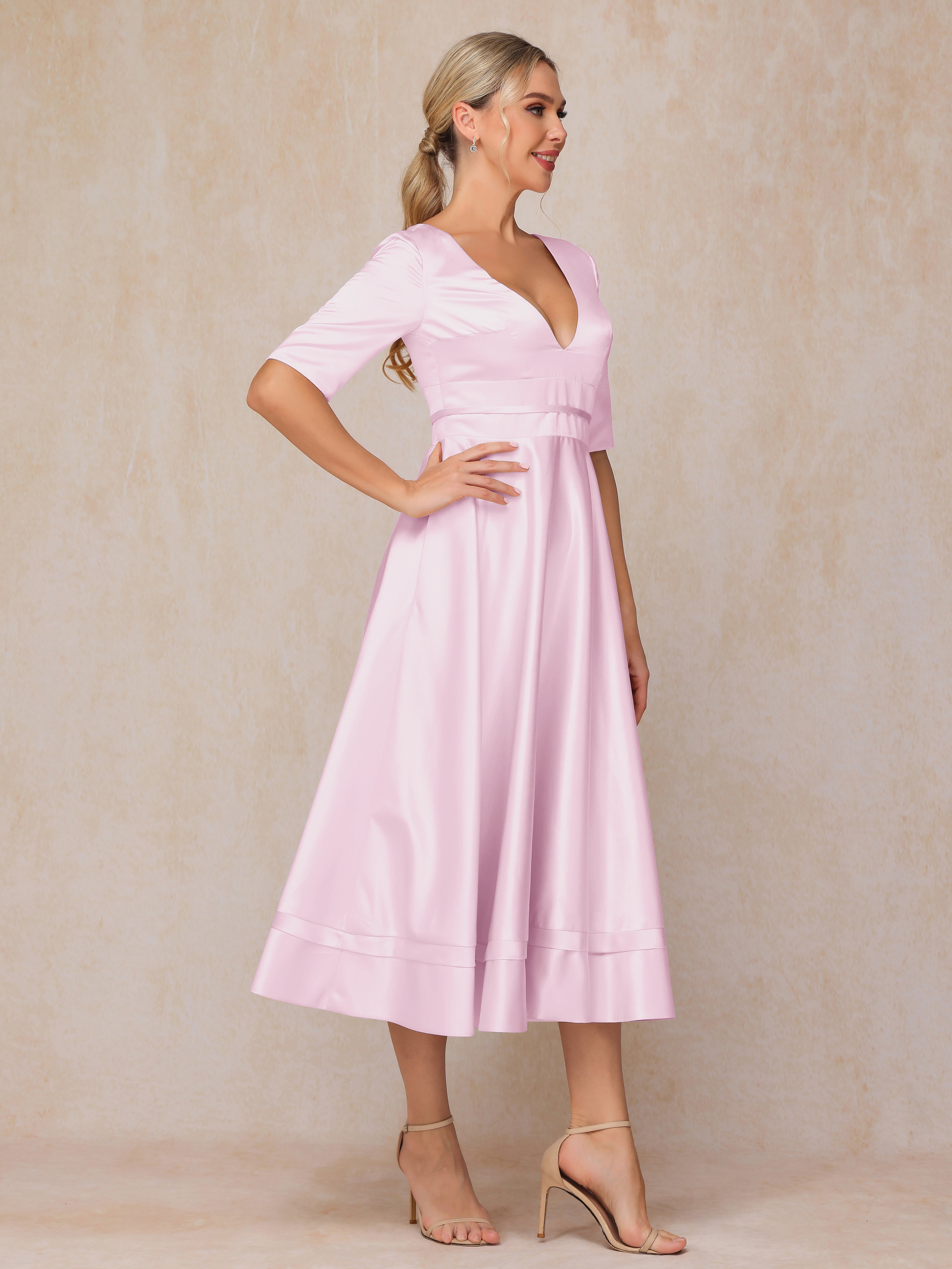 V Neck Short Sleeves Tea Length Satin Mother Of The Bride Dress