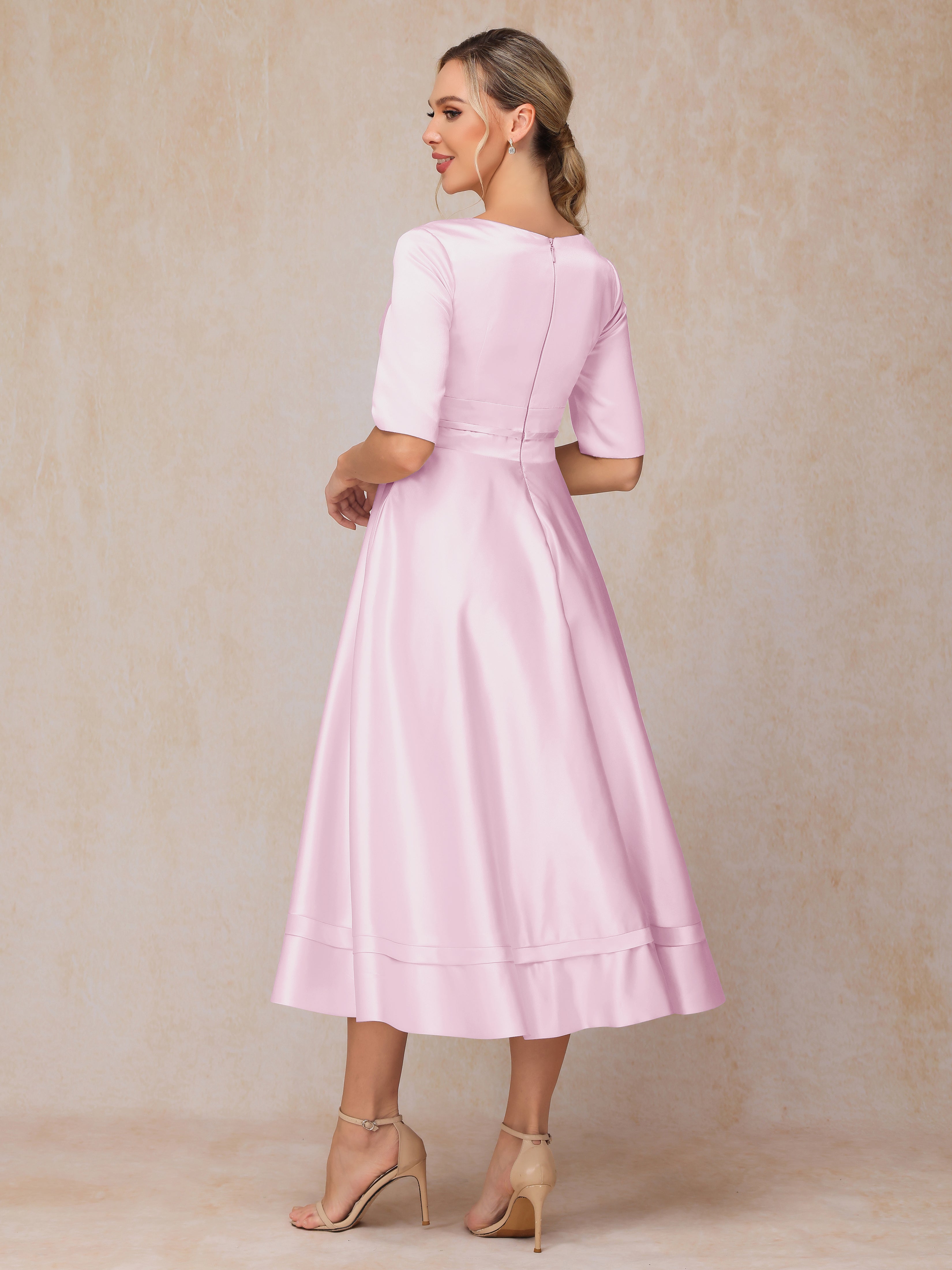 V Neck Short Sleeves Tea Length Satin Mother Of The Bride Dress
