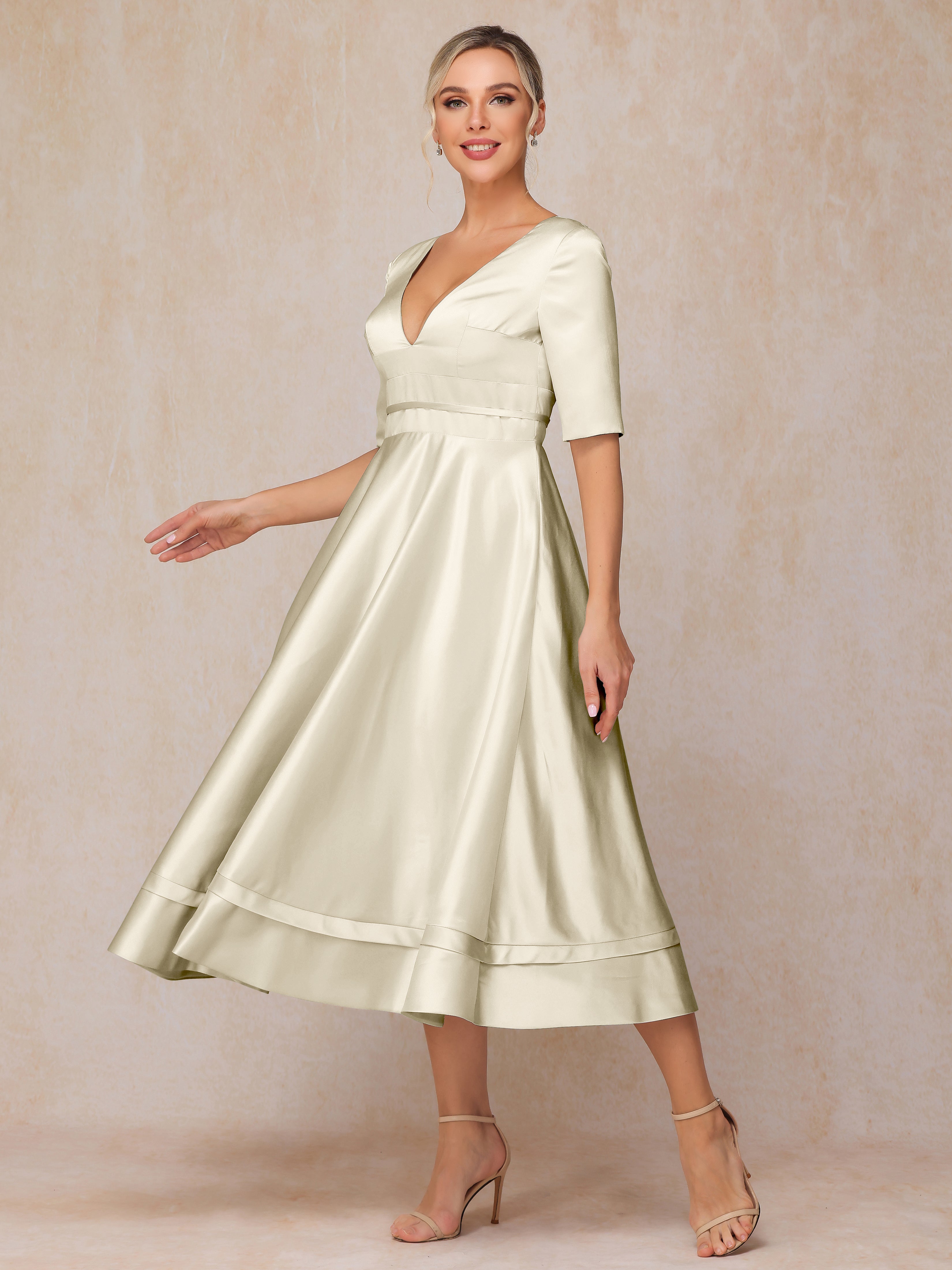 V Neck Short Sleeves Tea Length Satin Mother Of The Bride Dress