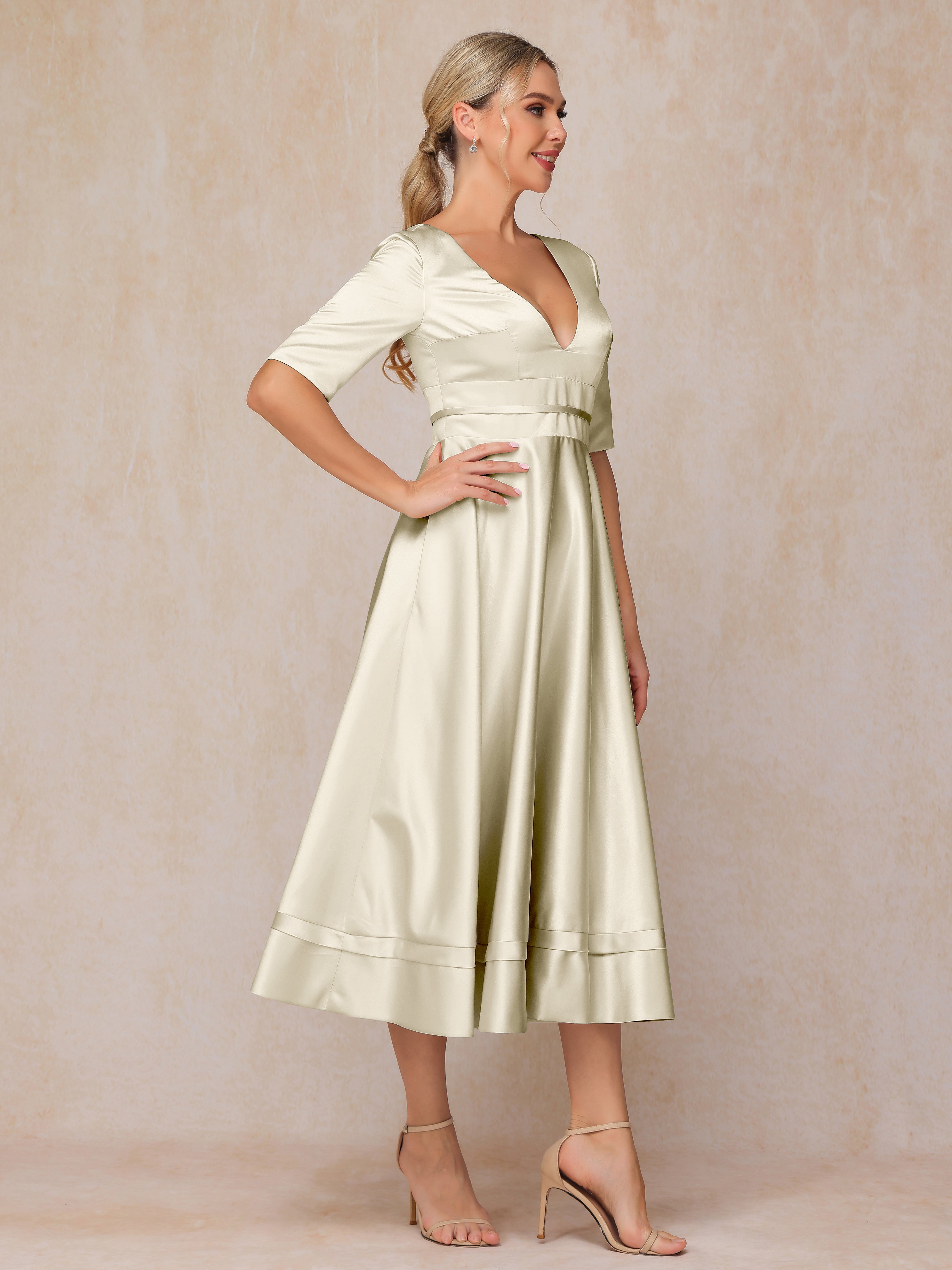 V Neck Short Sleeves Tea Length Satin Mother Of The Bride Dress