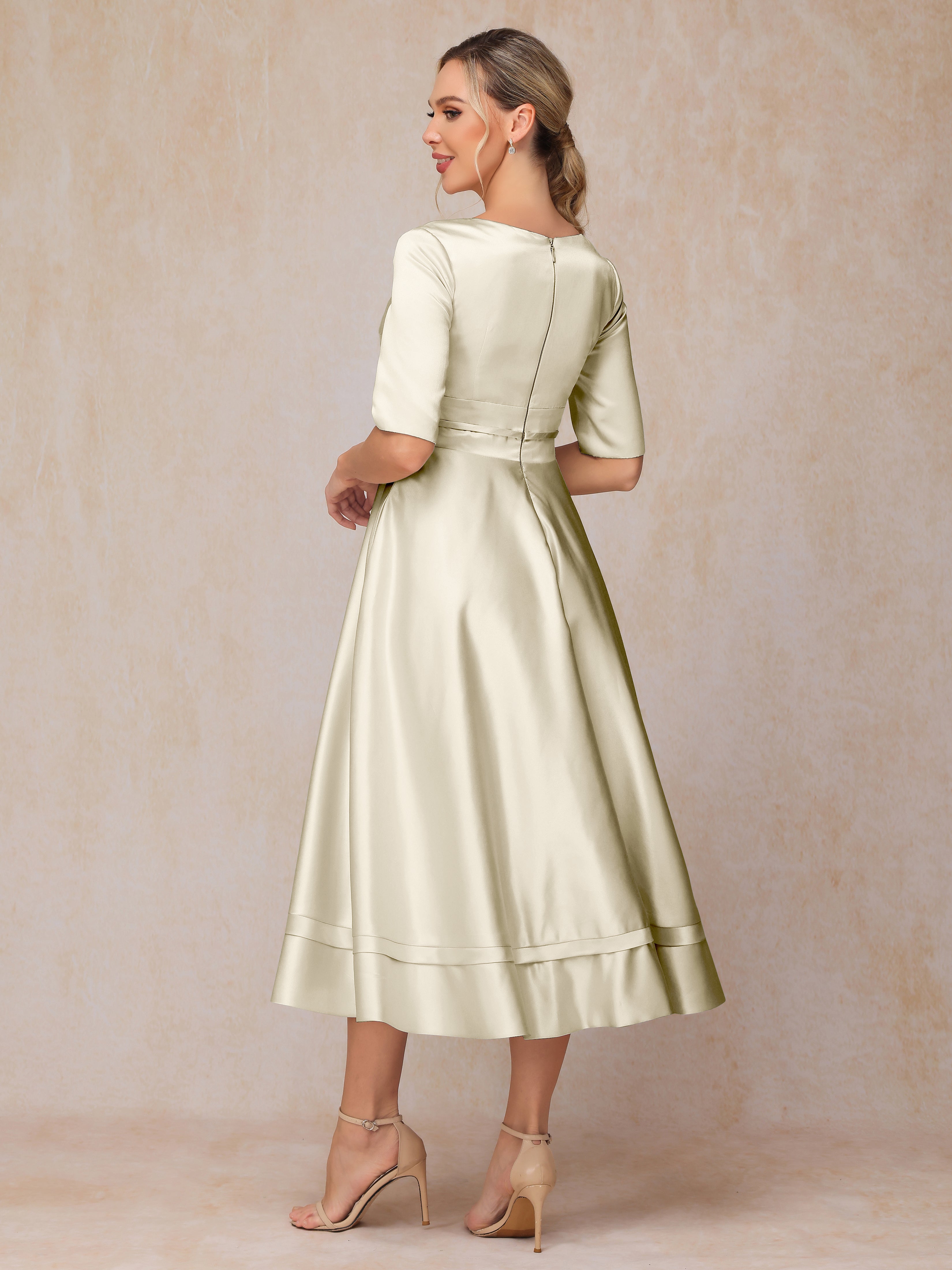 V Neck Short Sleeves Tea Length Satin Mother Of The Bride Dress