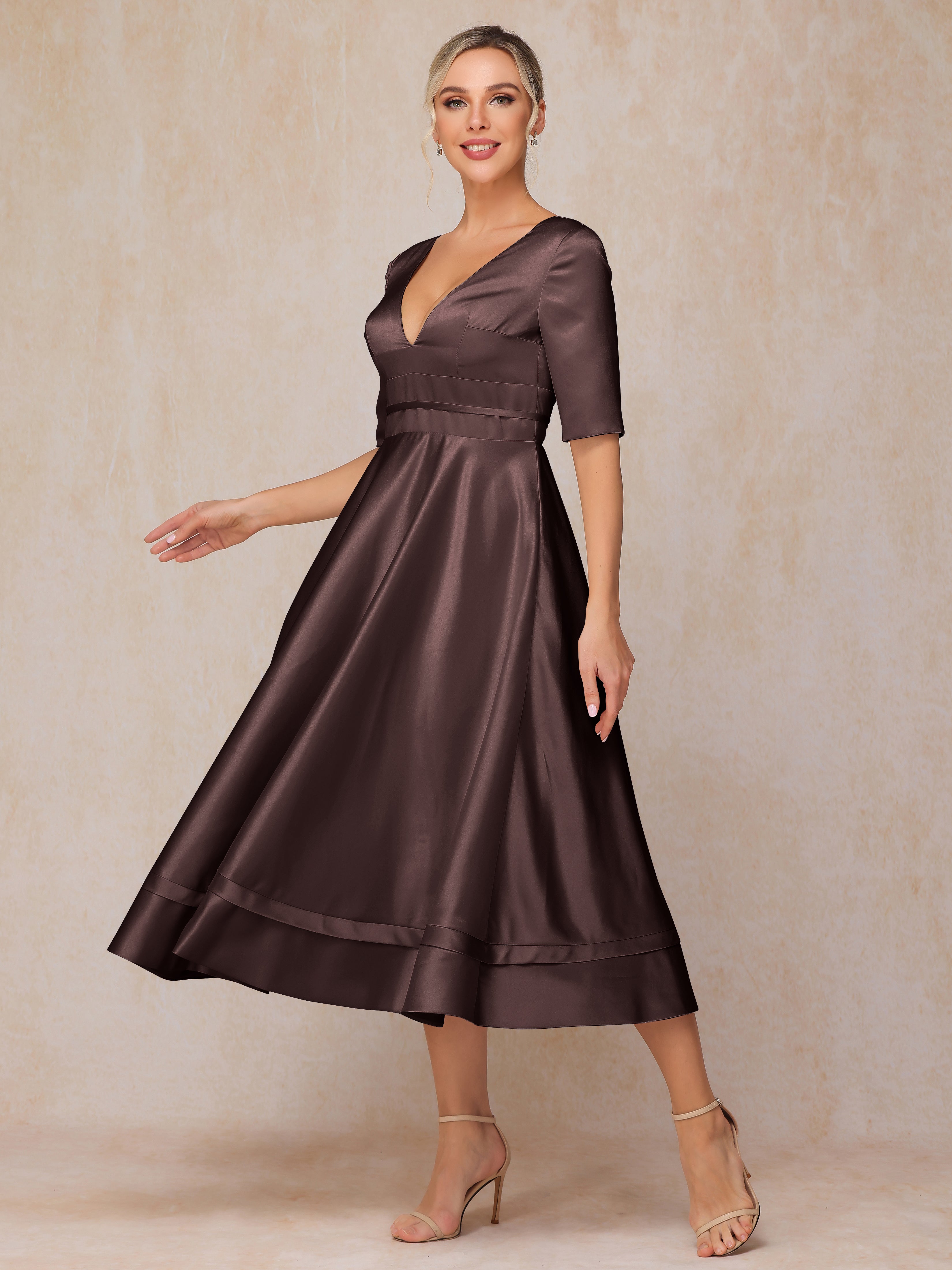 V Neck Short Sleeves Tea Length Satin Mother Of The Groom Dress
