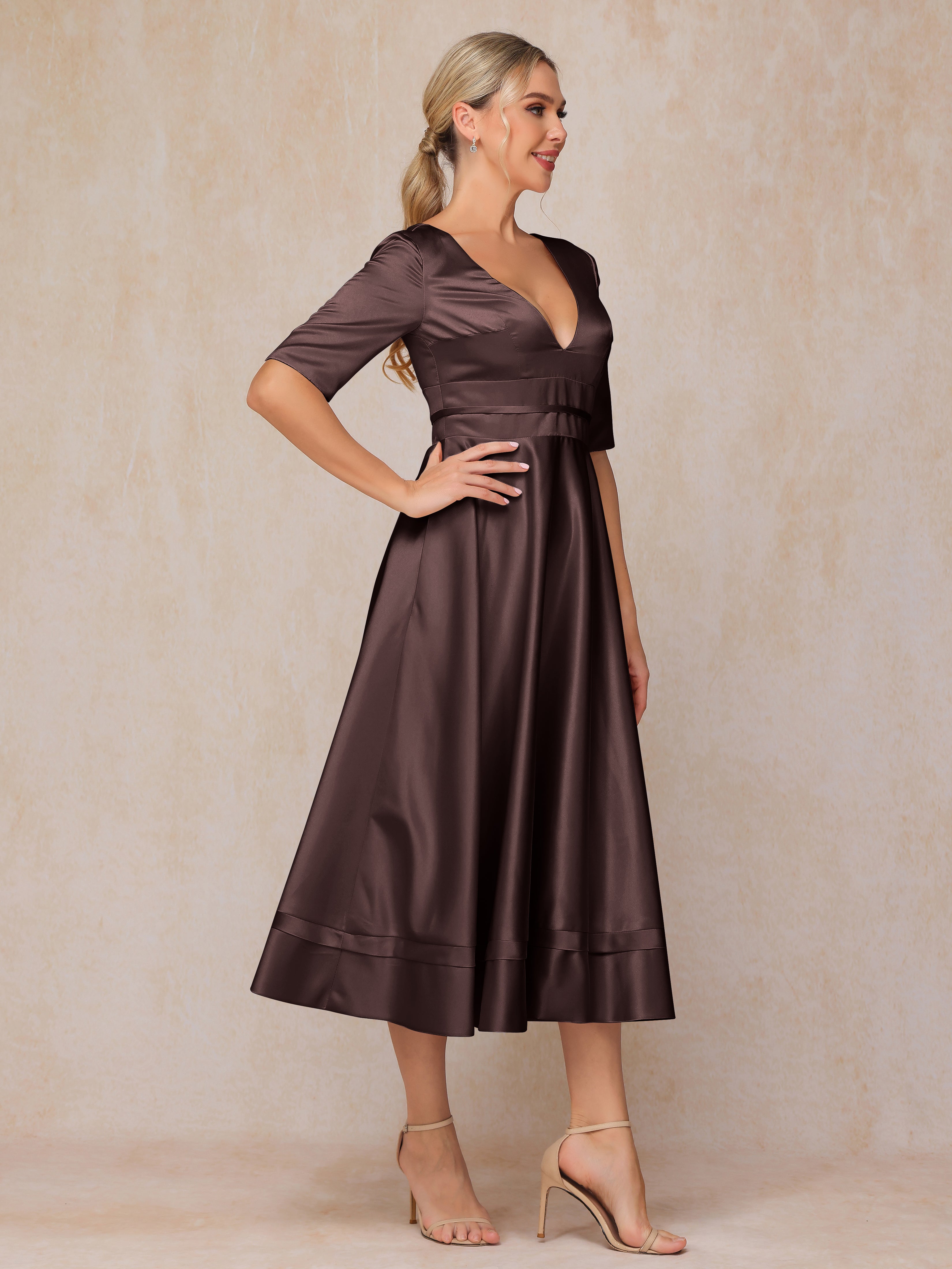 V Neck Short Sleeves Tea Length Satin Mother Of The Bride Dress