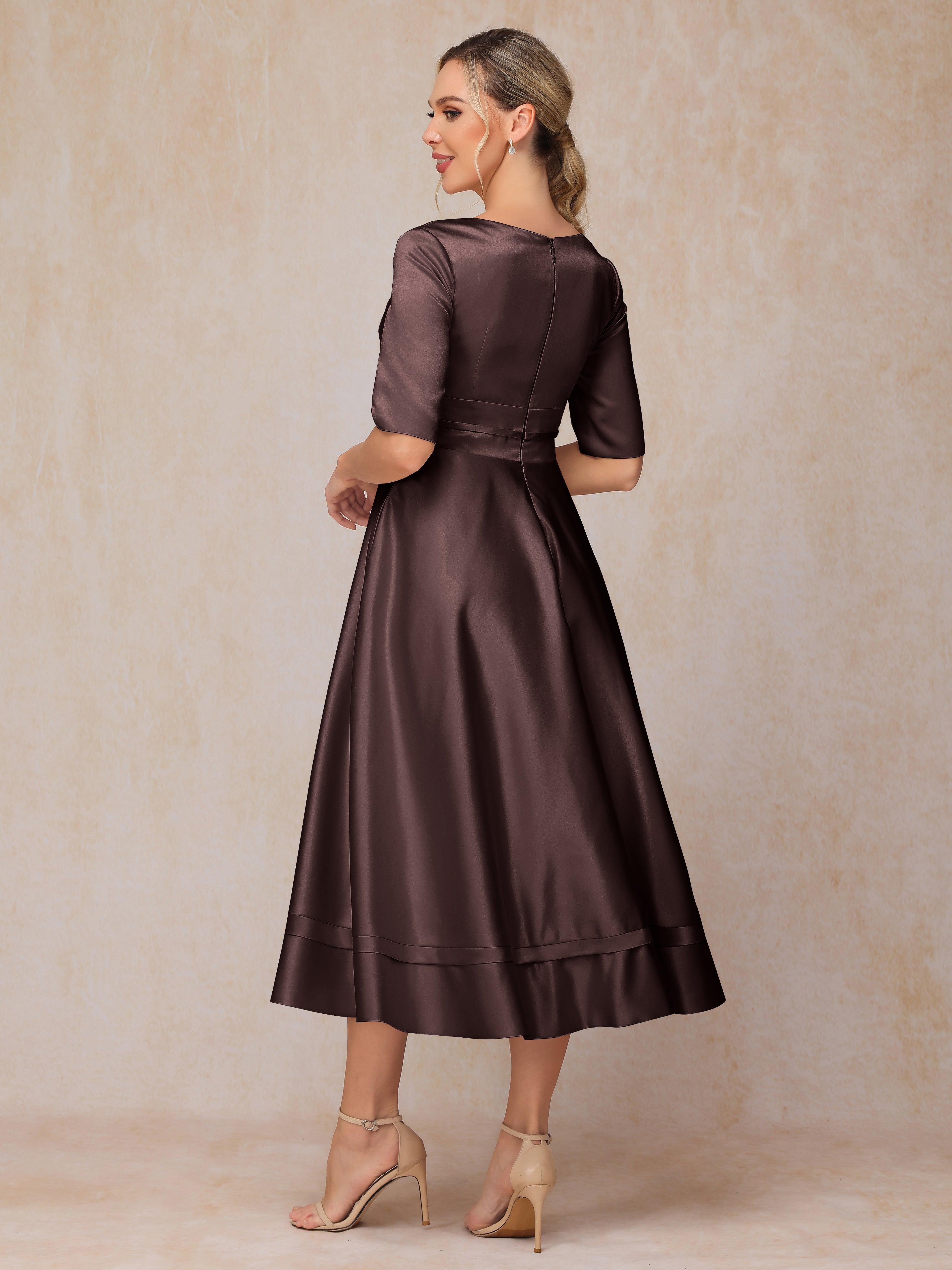 V Neck Short Sleeves Tea Length Satin Mother Of The Bride Dress