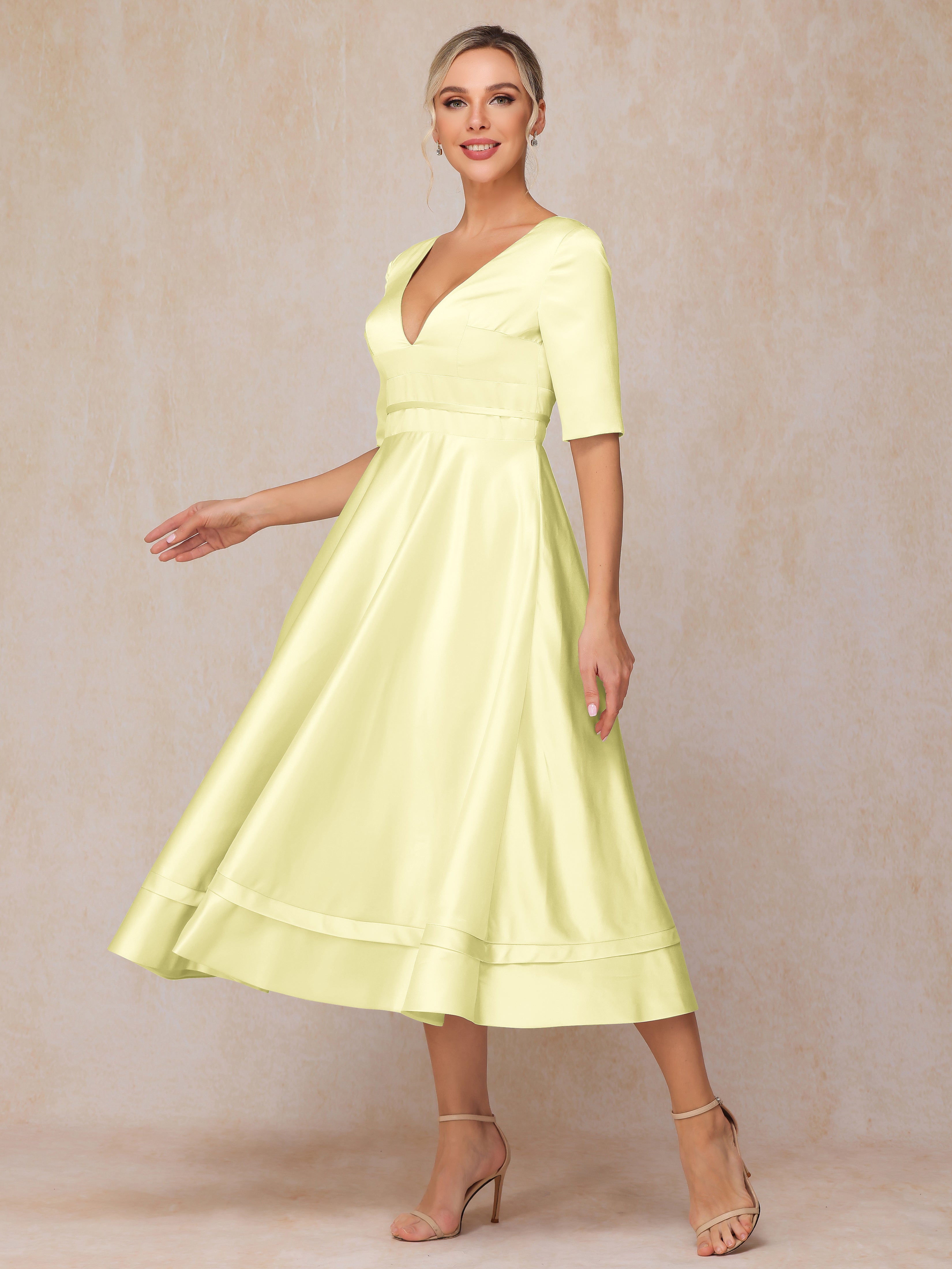 V Neck Short Sleeves Tea Length Satin Mother Of The Bride Dress