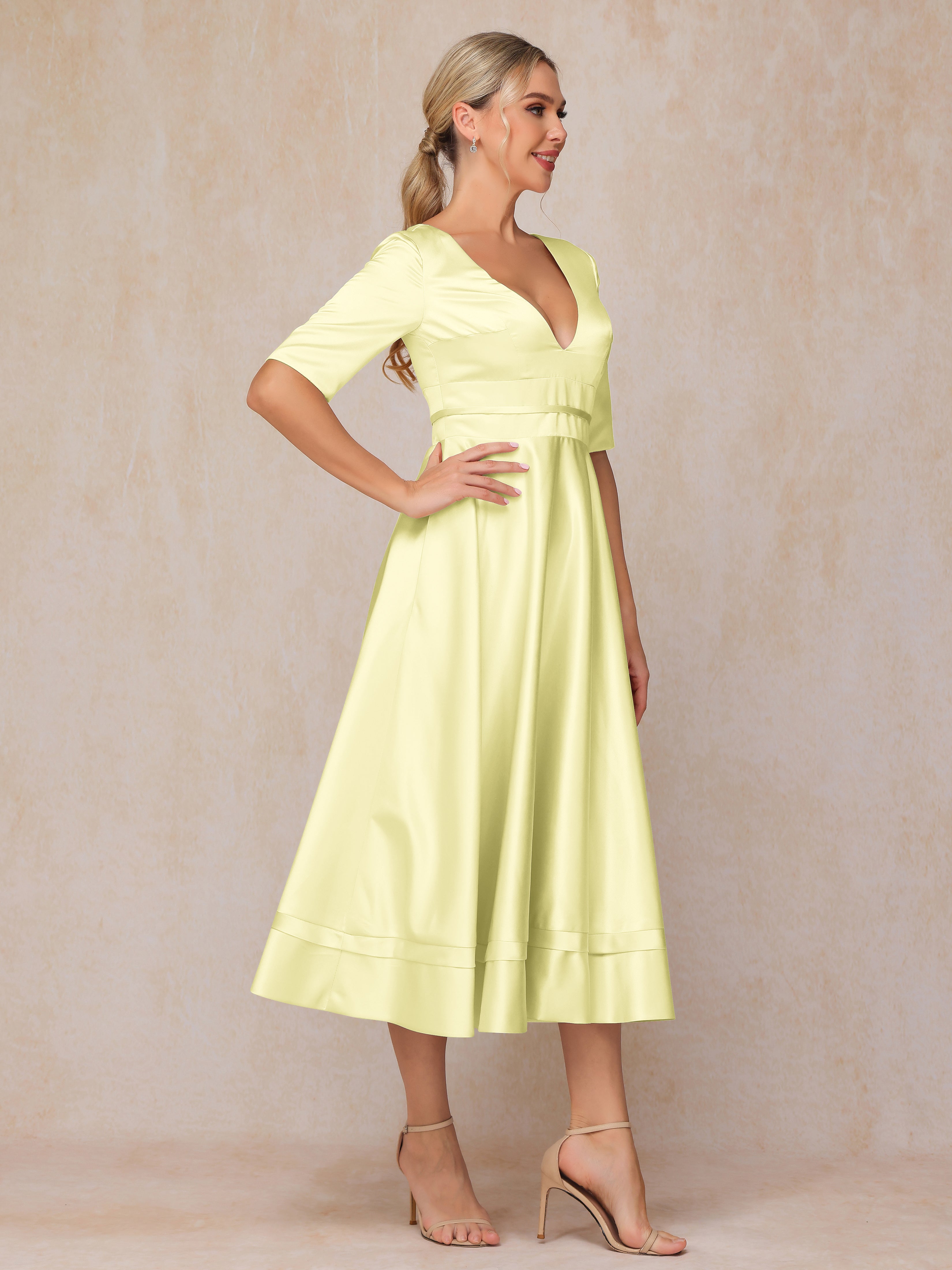 V Neck Short Sleeves Tea Length Satin Mother Of The Groom Dress