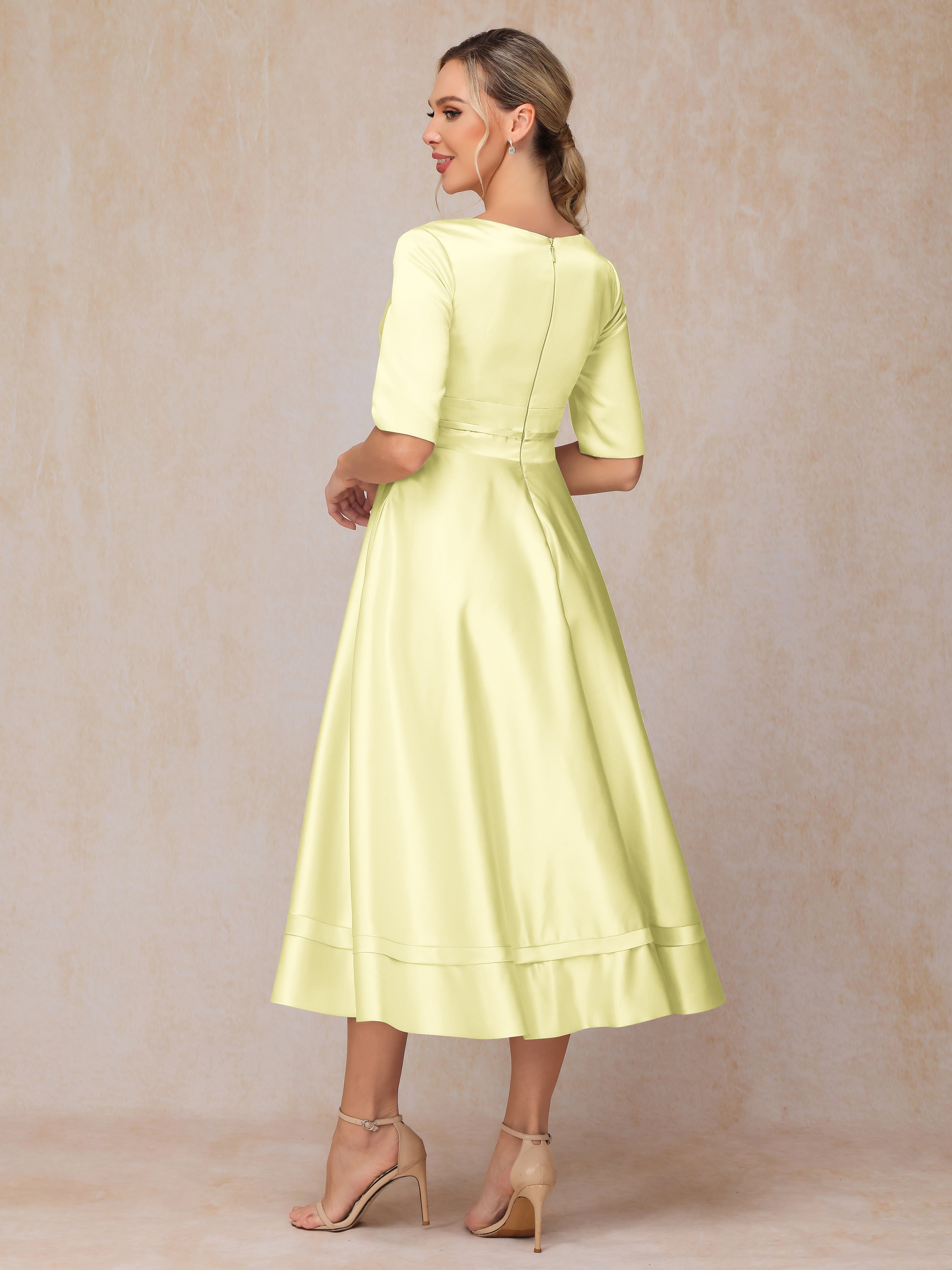 V Neck Short Sleeves Tea Length Satin Mother Of The Bride Dress