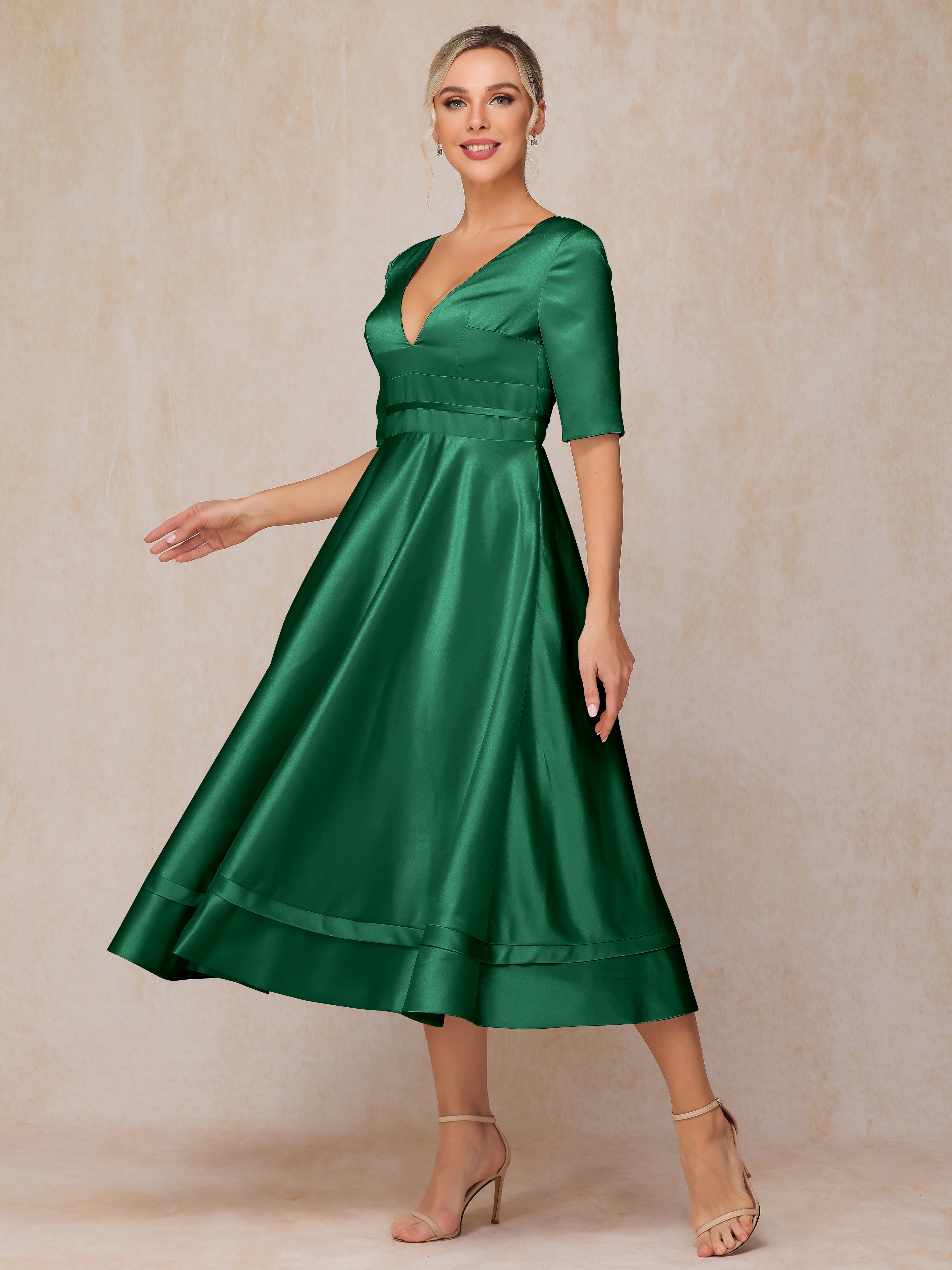 V Neck Short Sleeves Tea Length Satin Mother Of The Bride Dress