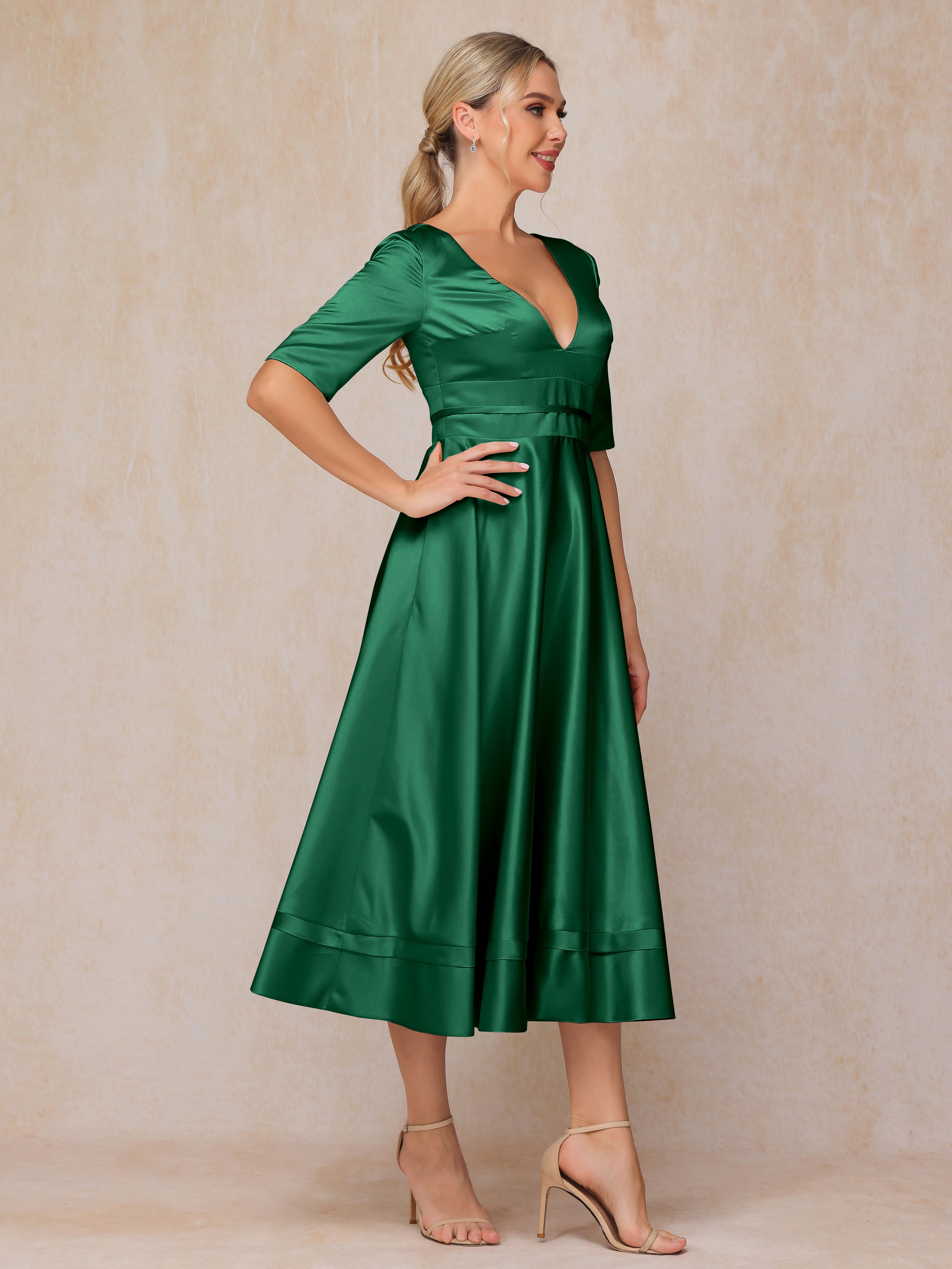 V Neck Short Sleeves Tea Length Satin Mother Of The Bride Dress